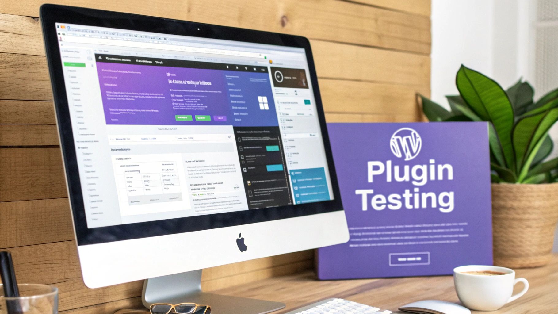 A desk with an iMac displaying a WordPress plugin testing interface next to a "Plugin Testing" box, coffee, and a plant.