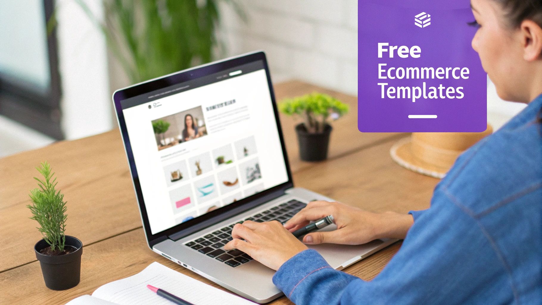 A person works on a laptop displaying e-commerce templates, with potted plants and a notebook on a wooden desk.