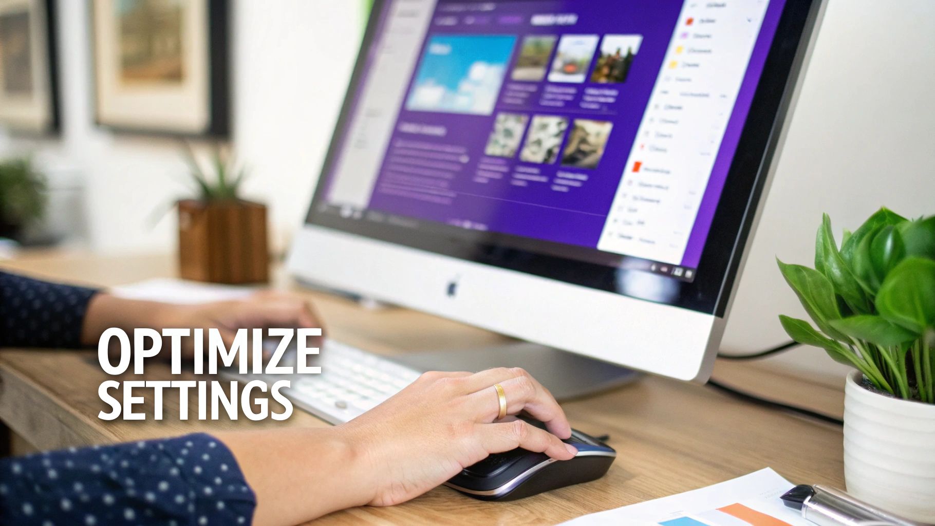 Person optimizing settings on an Apple iMac computer, using a mouse and keyboard at a desk.