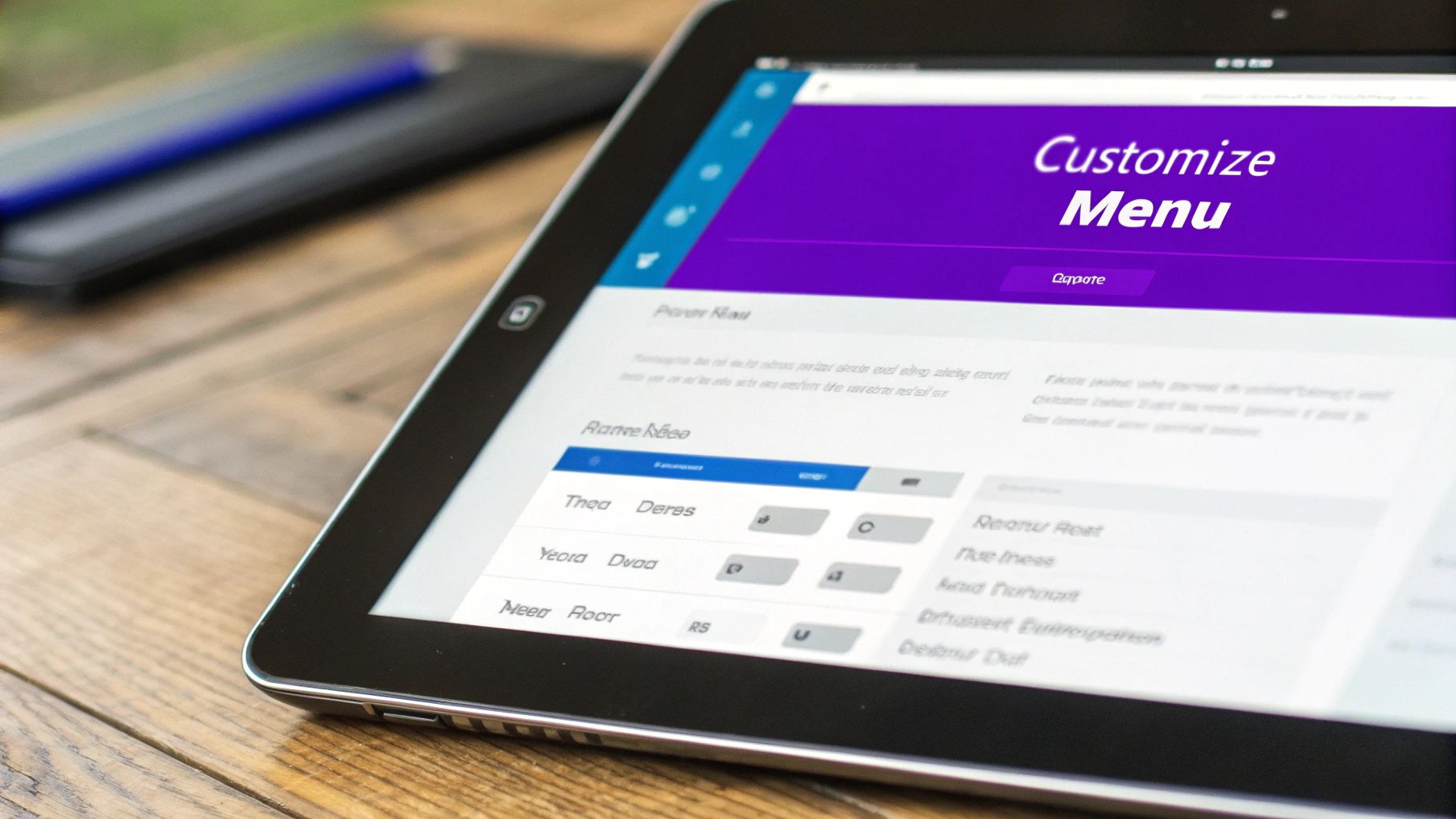 A tablet on a wooden table displays a 'Customize Menu' website interface with purple headers.