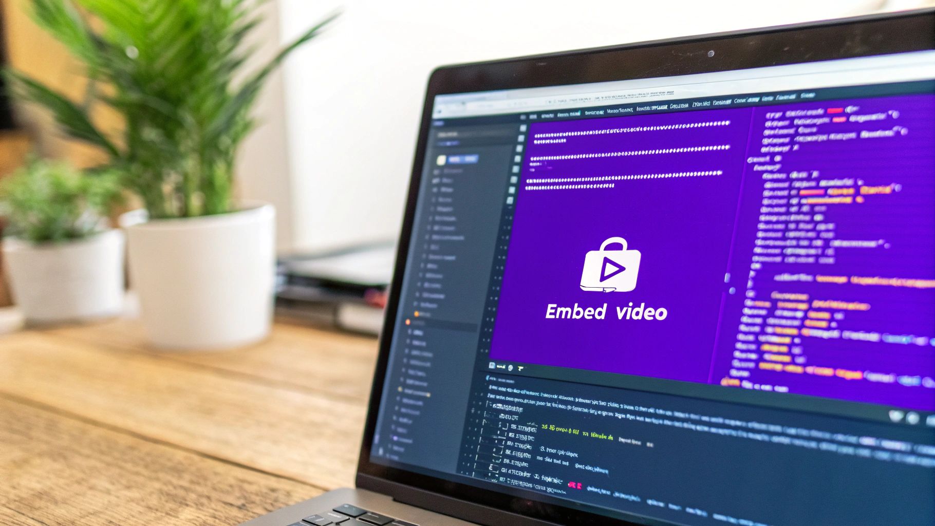 A workspace with a laptop showing a video editing timeline, a camera, and a notebook, representing the preparation phase for creating a video lightbox.