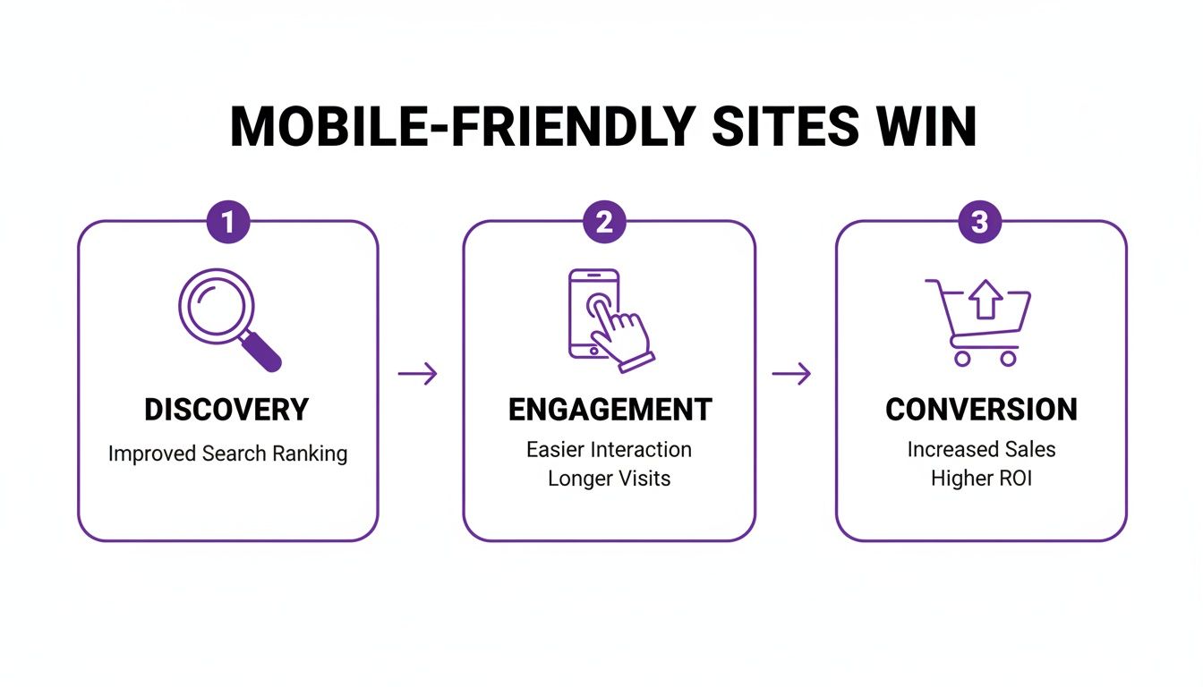 A diagram illustrating the benefits of mobile-friendly sites, from discovery to engagement, conversion, and higher ROI.