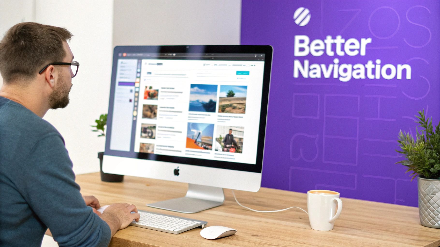 A man works on an Apple iMac, displaying a web interface with images, at a desk with a 'Better Navigation' wall.