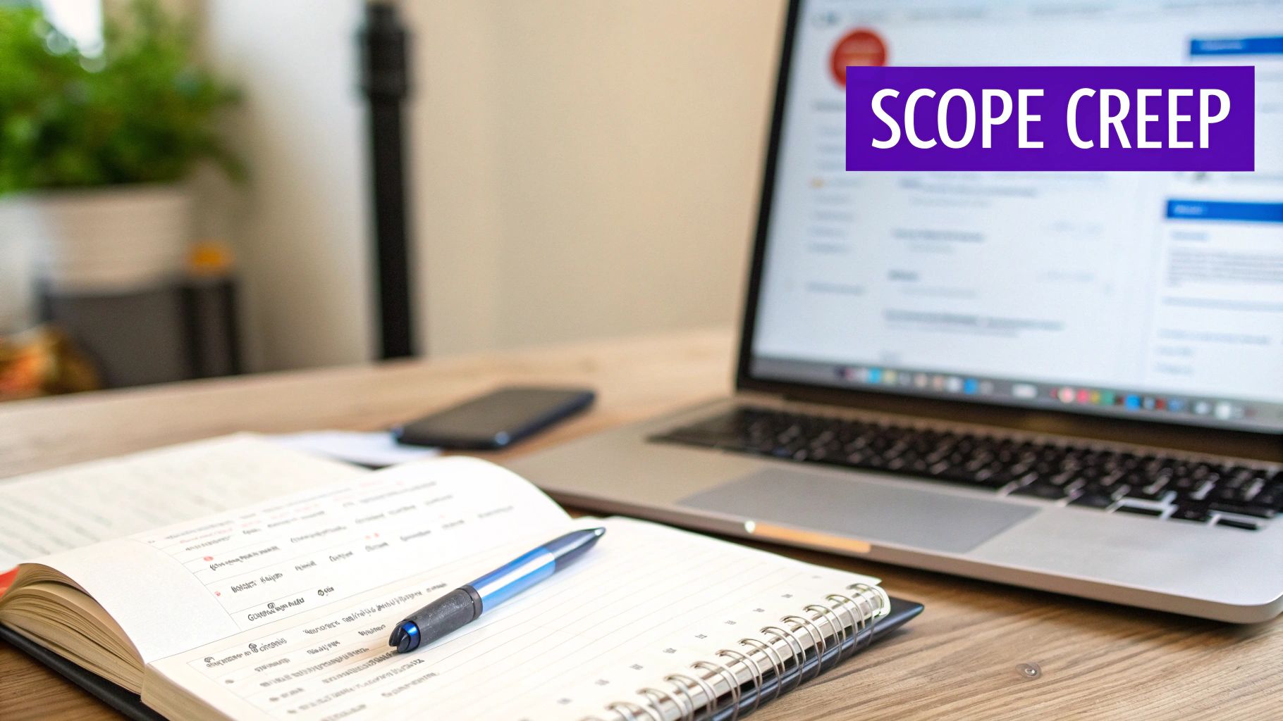 A desk setup with a laptop displaying 'SCOPE CREEP' on a purple banner, an open notebook, and a pen.