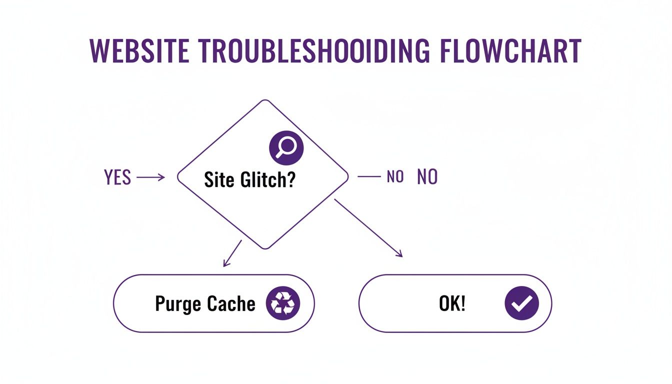 A simple flowchart illustrating website troubleshooting steps, including checking for a site glitch and purging cache.