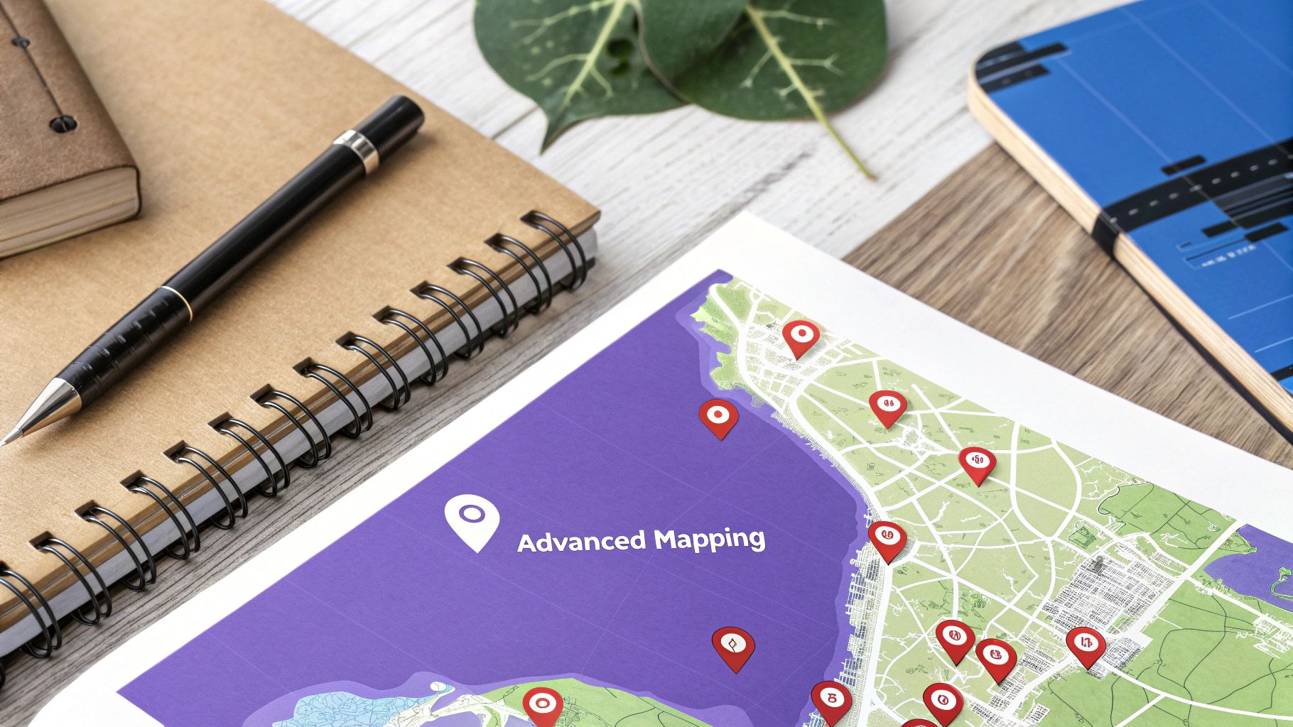 A desk setup featuring a map with numerous red location pins, a notebook, pen, and advanced mapping text.