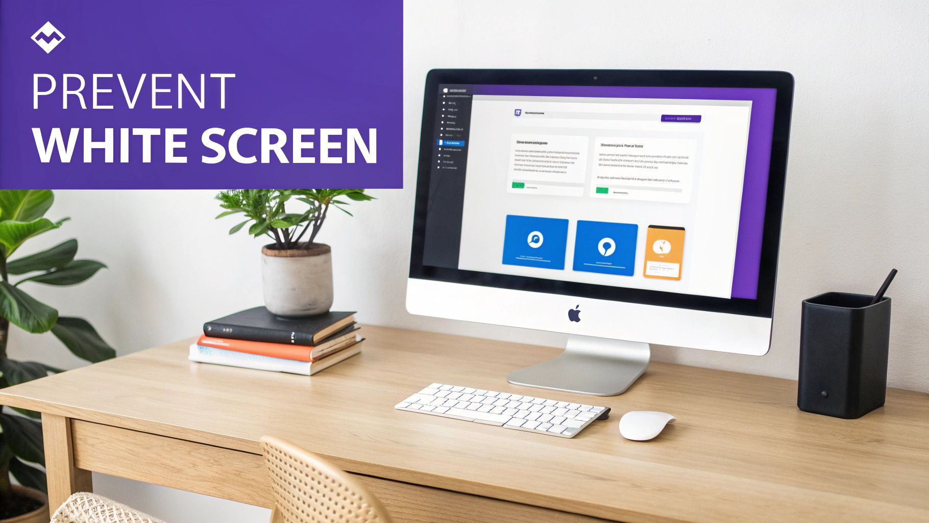 A modern office desk with an iMac displaying a dashboard, a plant, books, keyboard, and mouse.