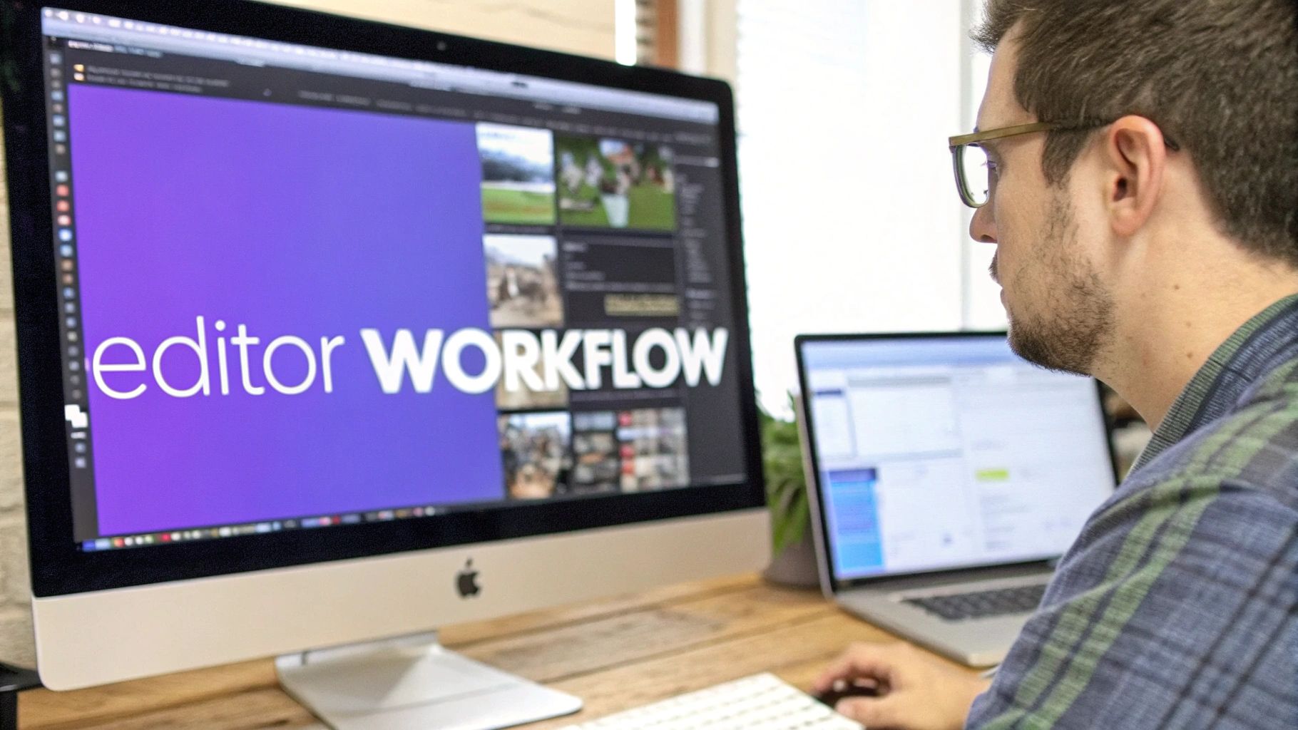 A man wearing glasses works on an Apple iMac and a laptop, displaying 'editor WORKFLOW' on screen.
