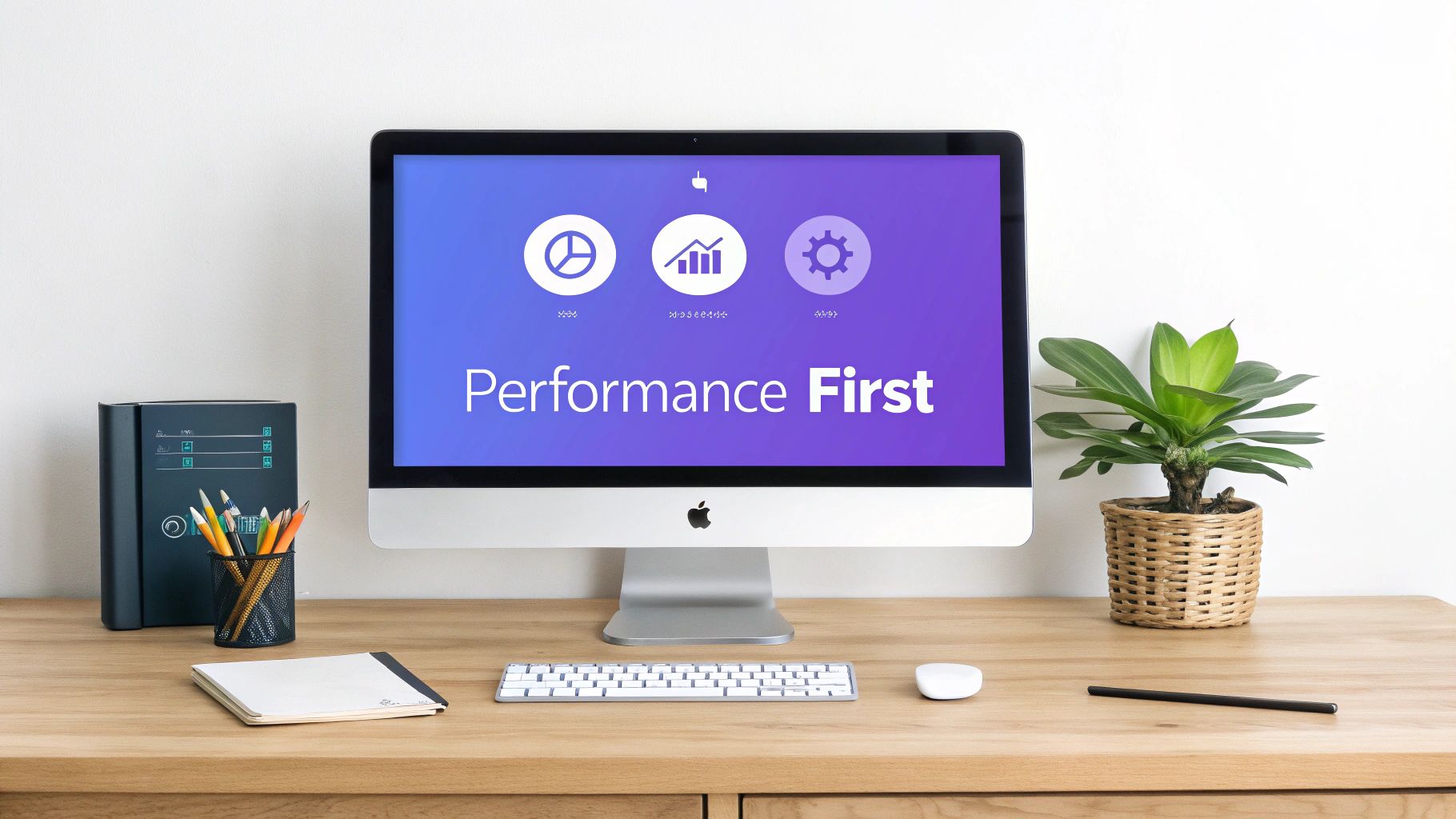 A minimalist graphic showing a website on a screen with a performance gauge pointing to 'fast', symbolizing optimization.