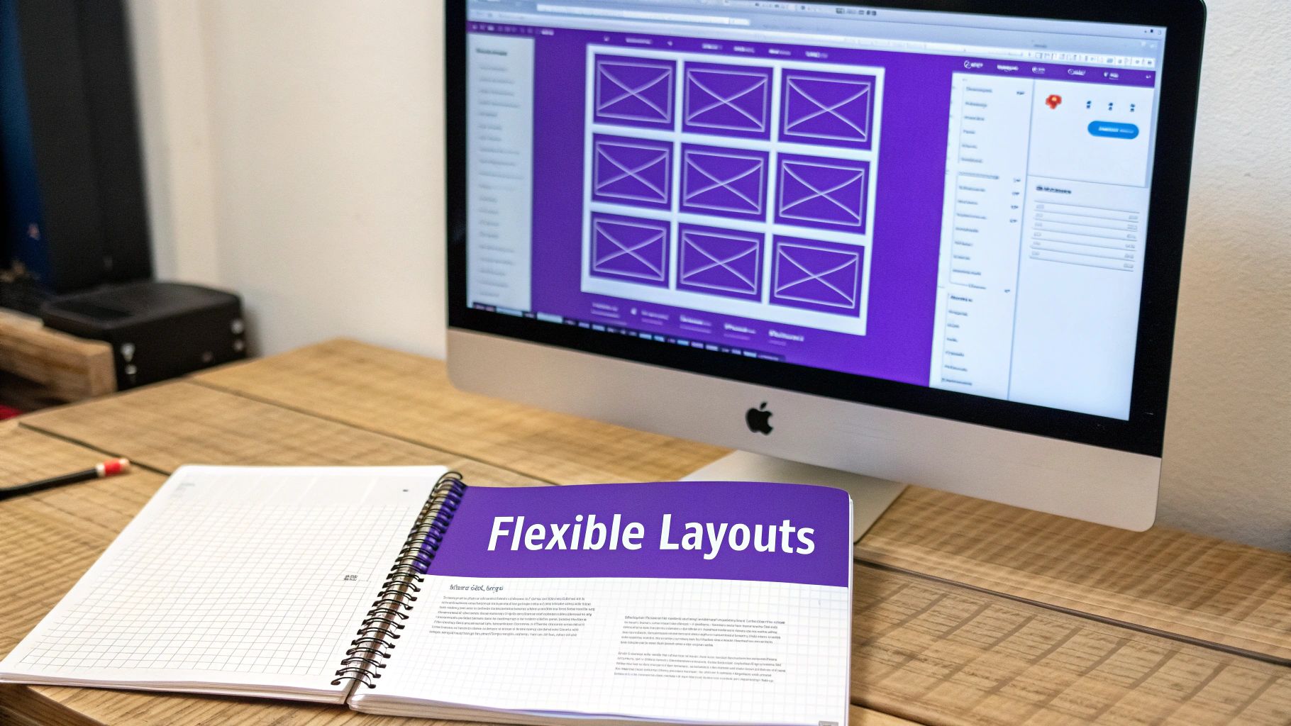 A computer monitor displays a purple web design with wireframes, next to a notebook open to 'Flexible Layouts'.
