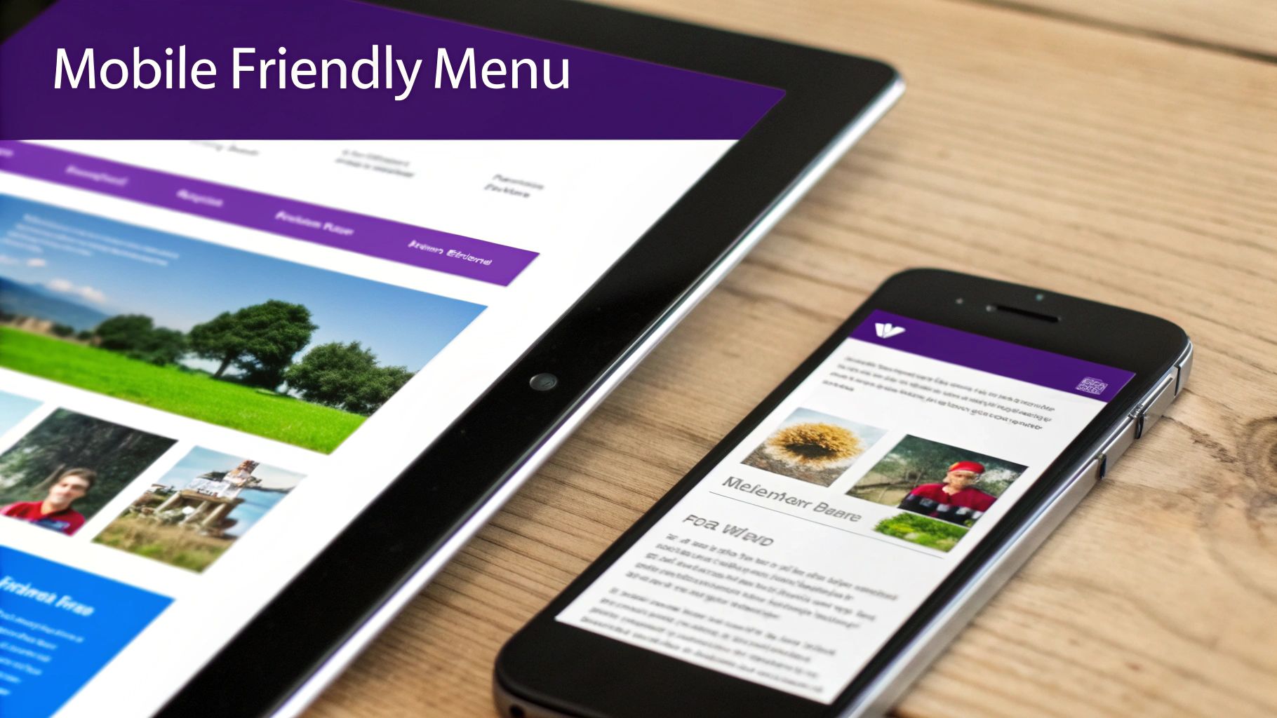 Responsive website displayed on a tablet and smartphone, featuring a mobile-friendly menu.