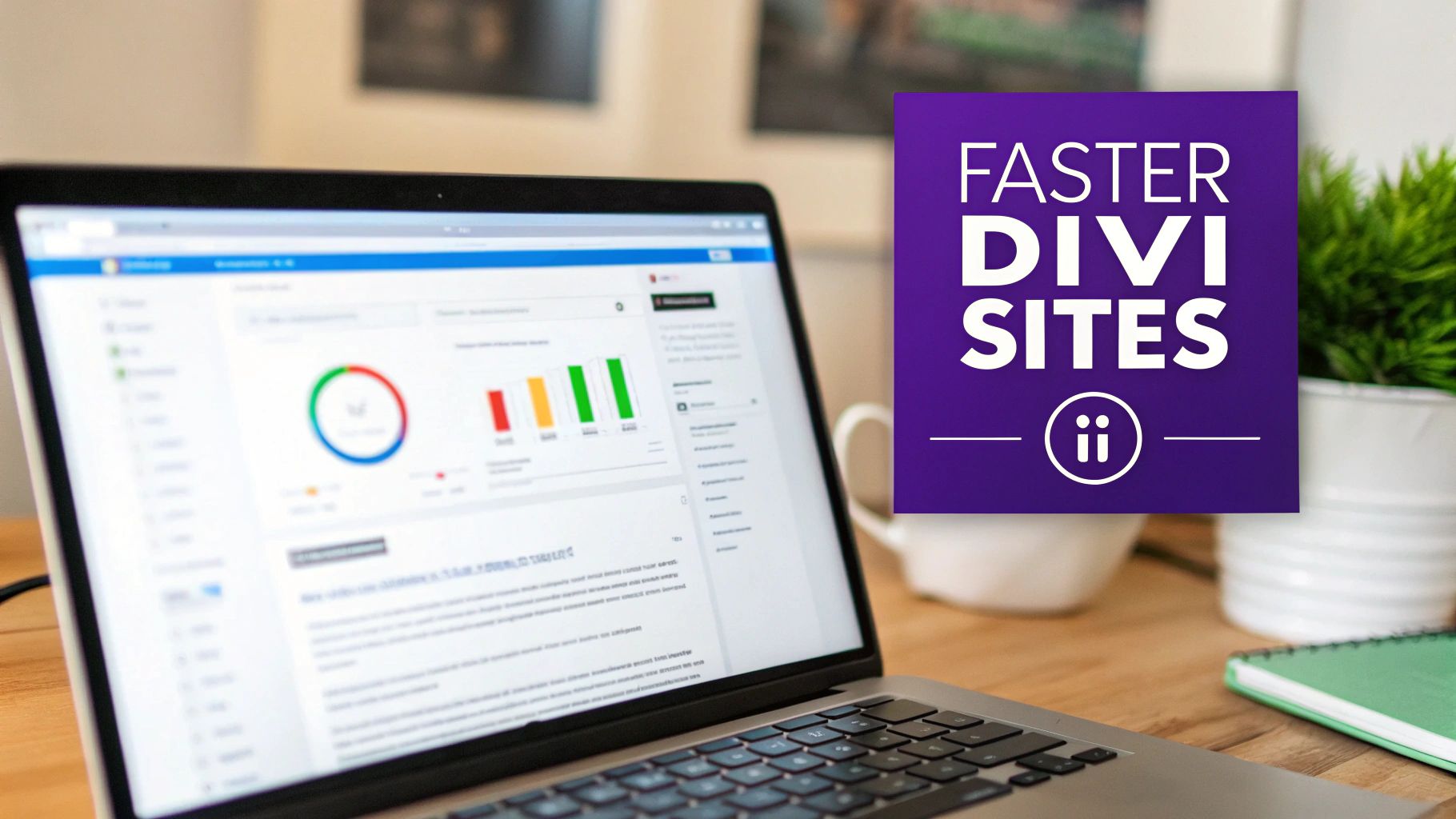 A laptop on a desk displaying website analytics and a purple graphic for 'Faster Divi Sites'.