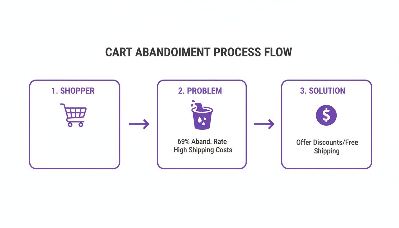 A process flow illustrating cart abandonment, showing shopper, problem (high abandonment rate, shipping costs), and solution (discounts, free shipping).
