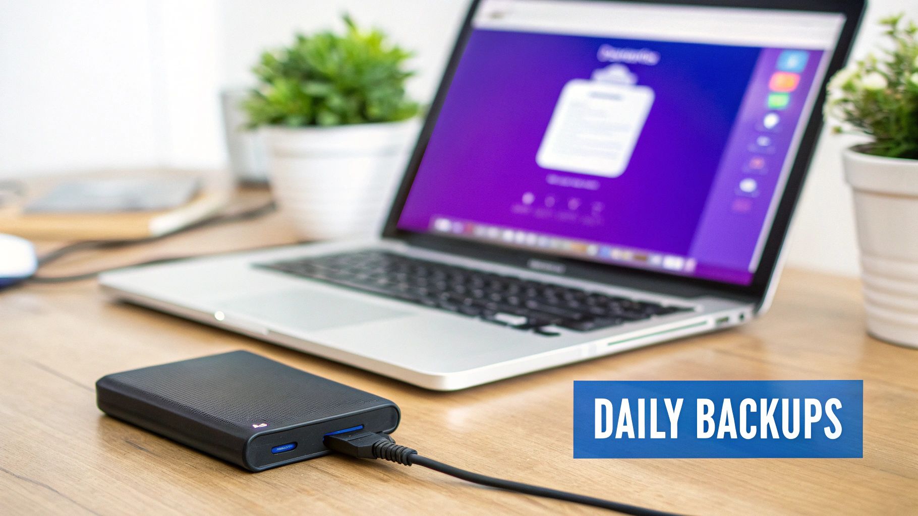 A laptop on a wooden desk with an external hard drive connected, indicating daily data backups.