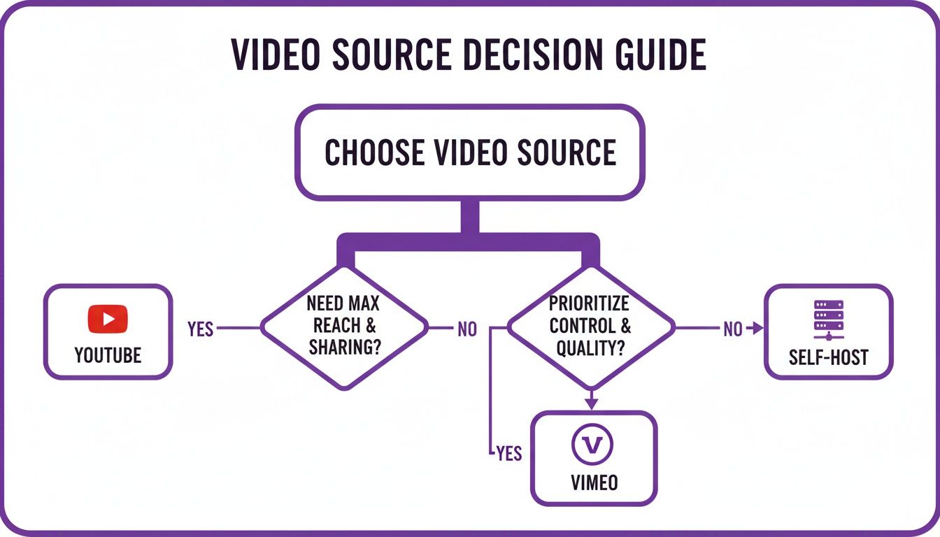Flowchart guiding video source selection: YouTube for max reach, Vimeo for quality, or self-host.