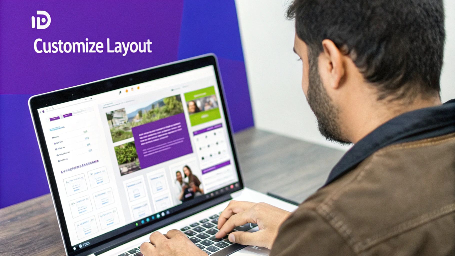 A person customizing a website layout on a laptop, with 'Customize Layout' branding.