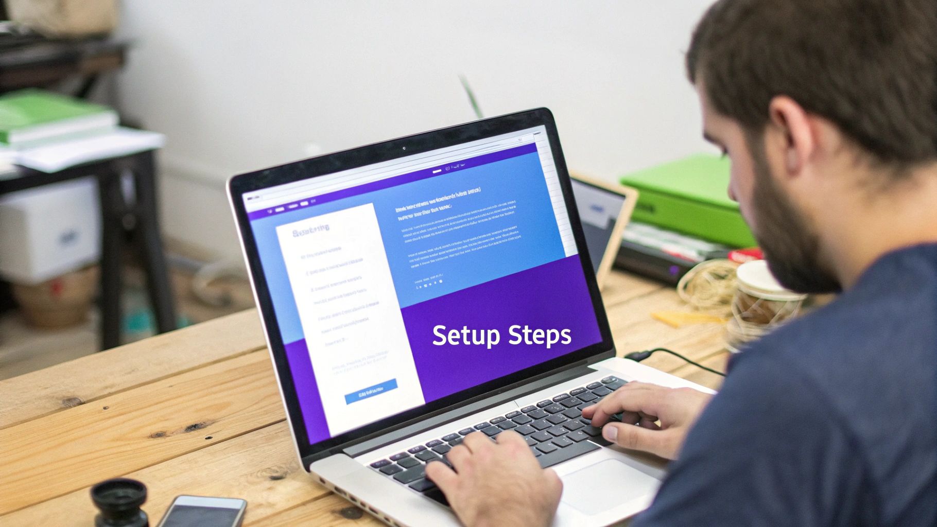 A developer working on a laptop with code on the screen, representing site preparation.