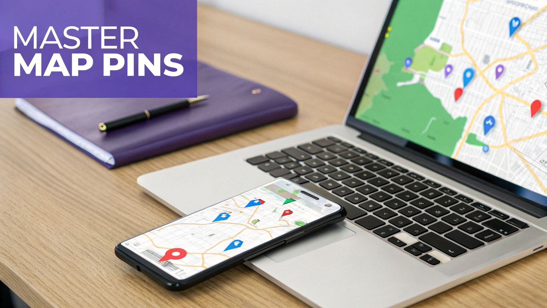 A laptop and smartphone displaying digital maps with numerous colorful location pins on a wooden desk.