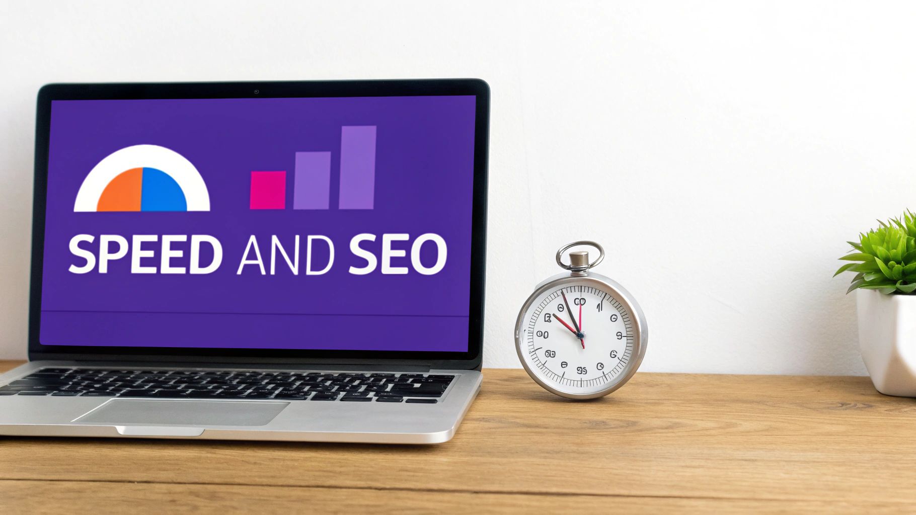 A laptop screen displays 'SPEED AND SEO' with charts, next to a stopwatch and a green plant.
