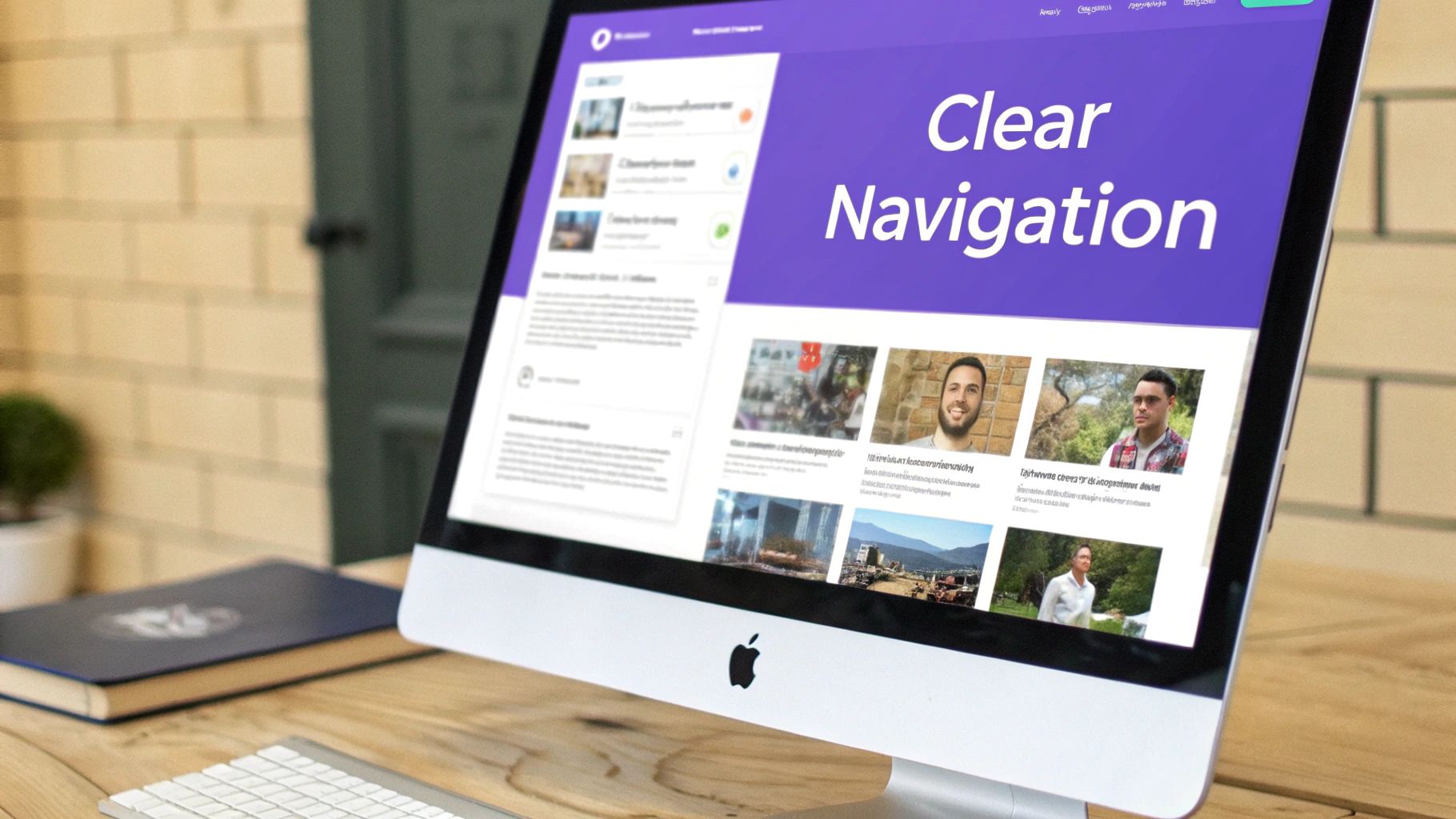 Close-up of an iMac screen displaying a website with 'Clear Navigation' text and content blocks, on a wooden desk.