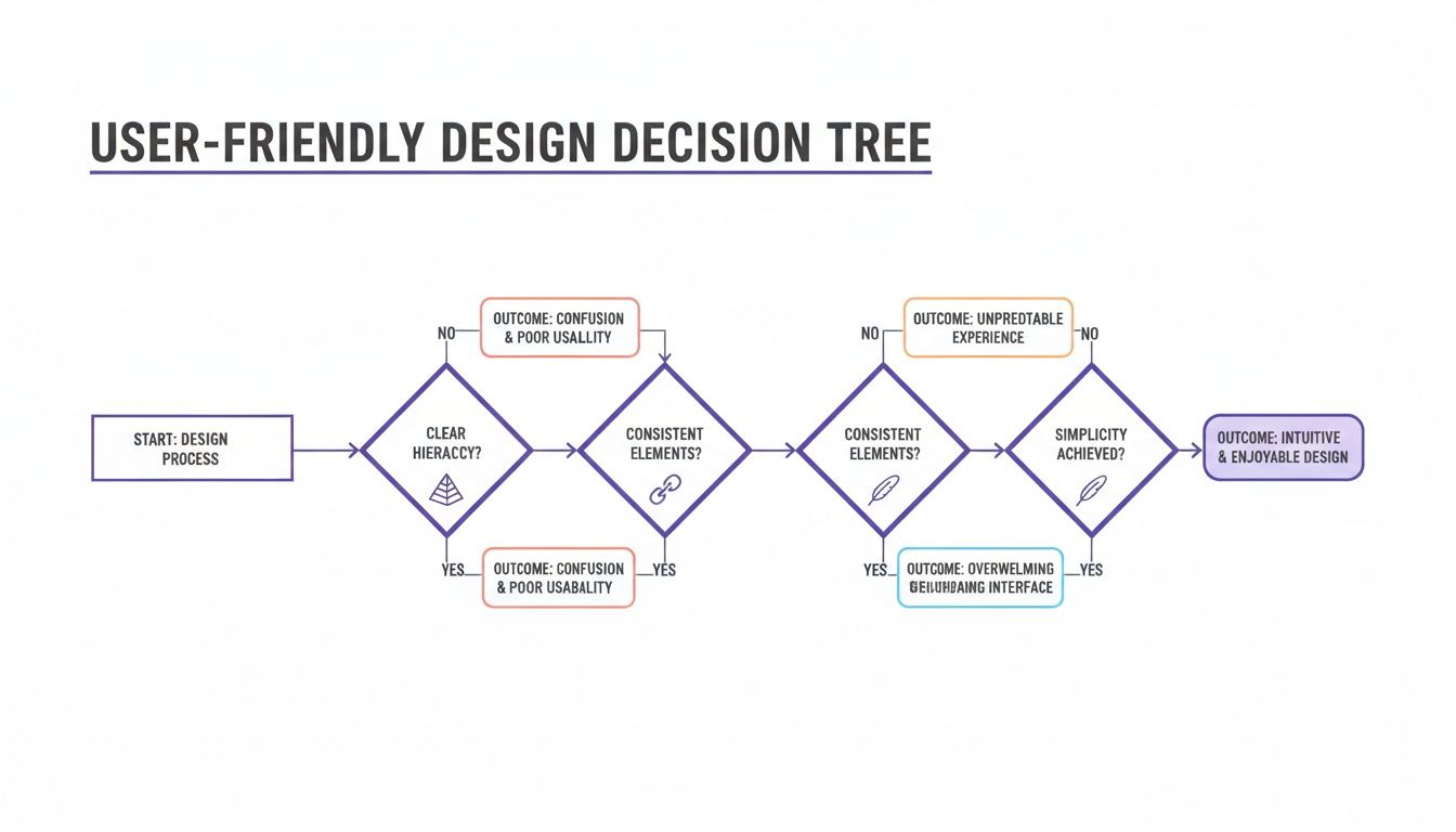 A flowchart outlining a user-friendly design decision tree to achieve intuitive and enjoyable interfaces.
