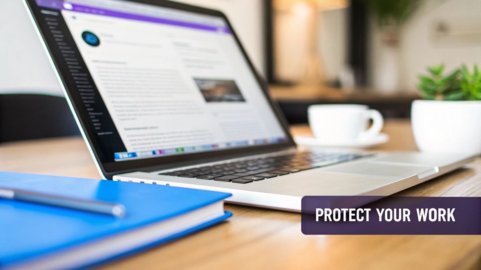 A laptop displaying a blog post on a wooden desk with a notebook, coffee, and 'PROTECT YOUR WORK' text.