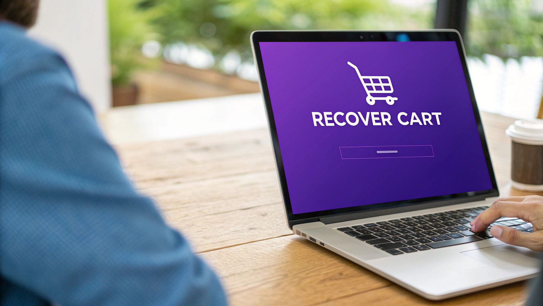 A person uses a laptop displaying 'RECOVER CART' with a shopping cart icon, suggesting online shopping.