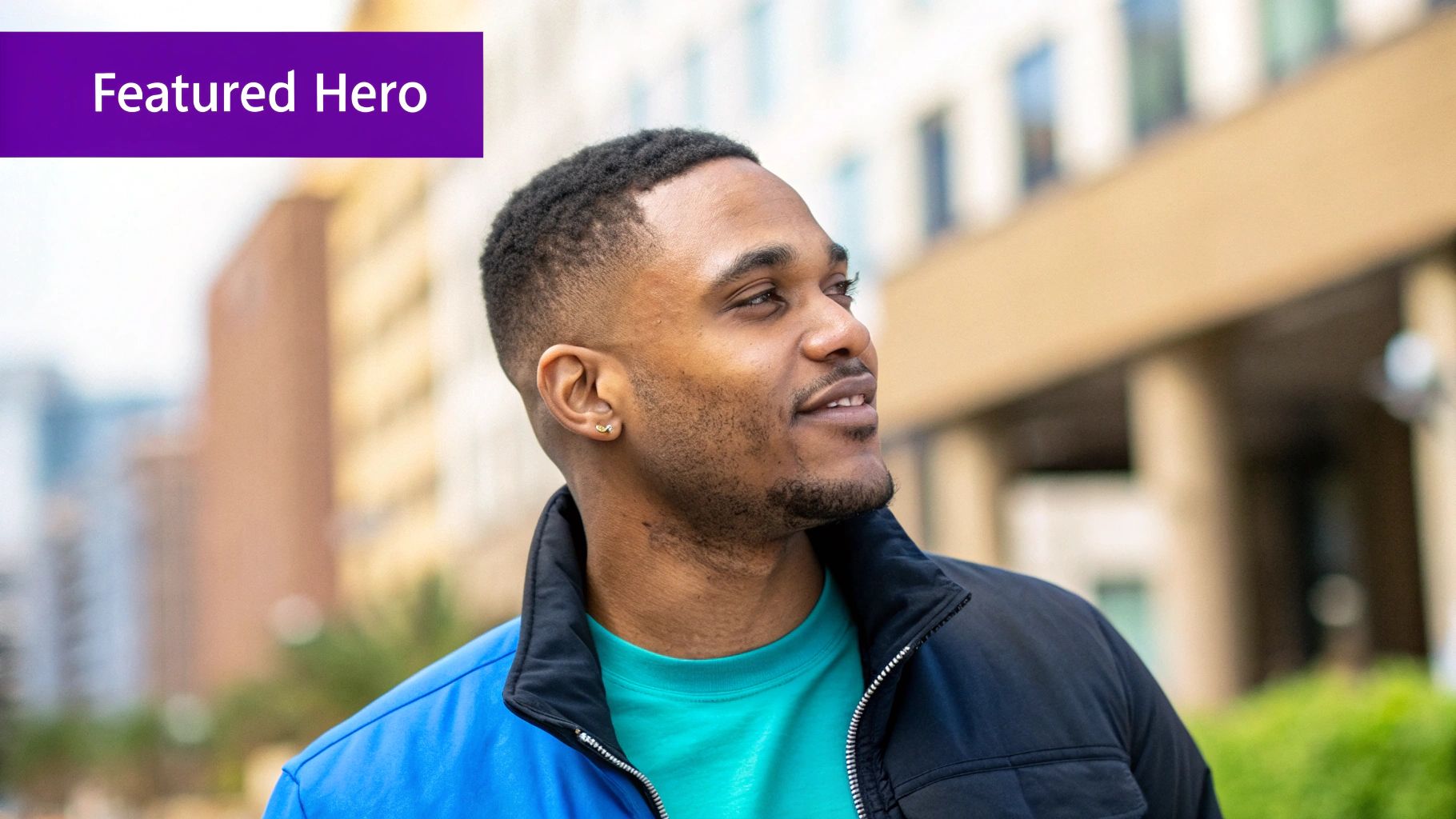 A smiling young Black man wearing a two-tone jacket, looking away outdoors.