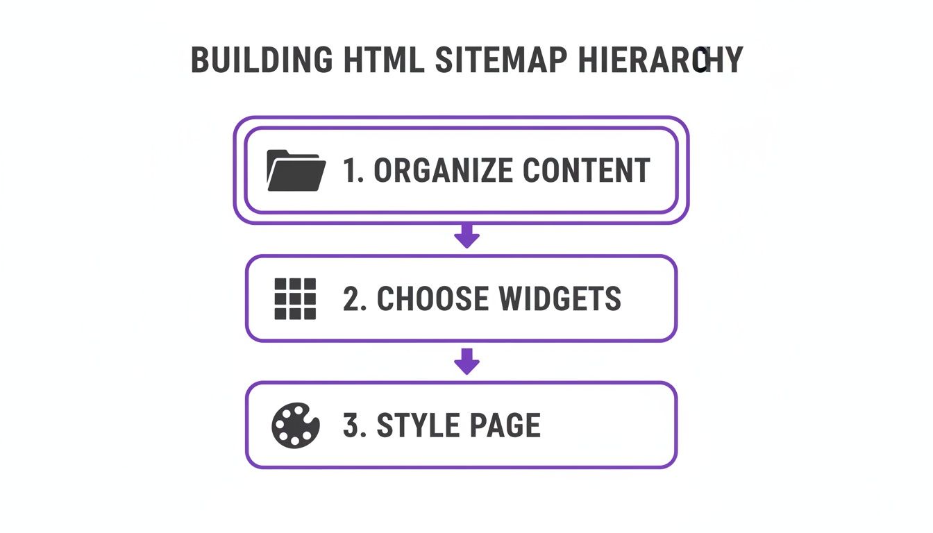 Flowchart outlining three steps for building an HTML sitemap: organize content, choose widgets, and style page.