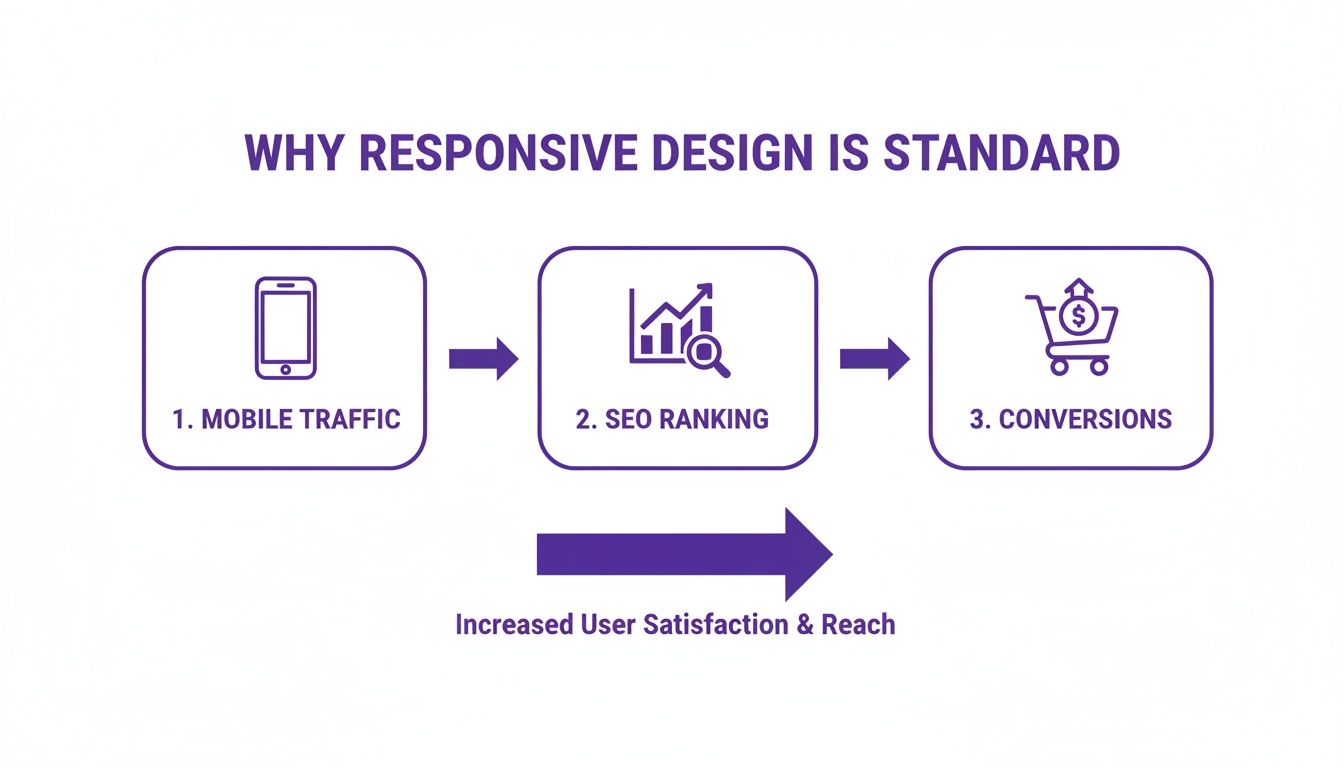 Flowchart illustrating the benefits of responsive design, including mobile traffic, SEO ranking, and conversions.