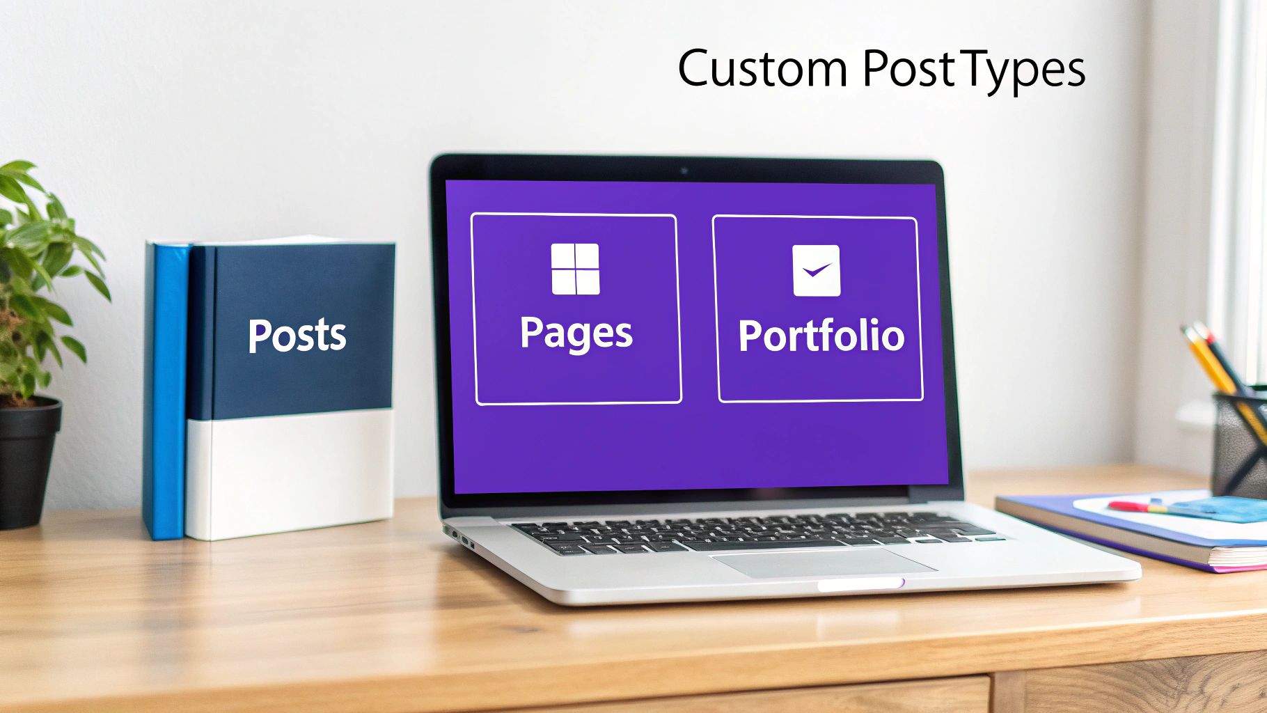 Laptop displaying custom post types like Pages and Portfolio, with a book showing Posts.