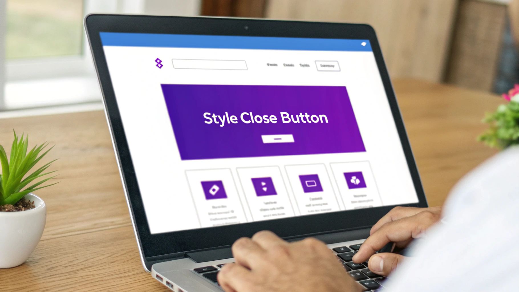 A person styles close buttons on a laptop screen, showcasing web design options.