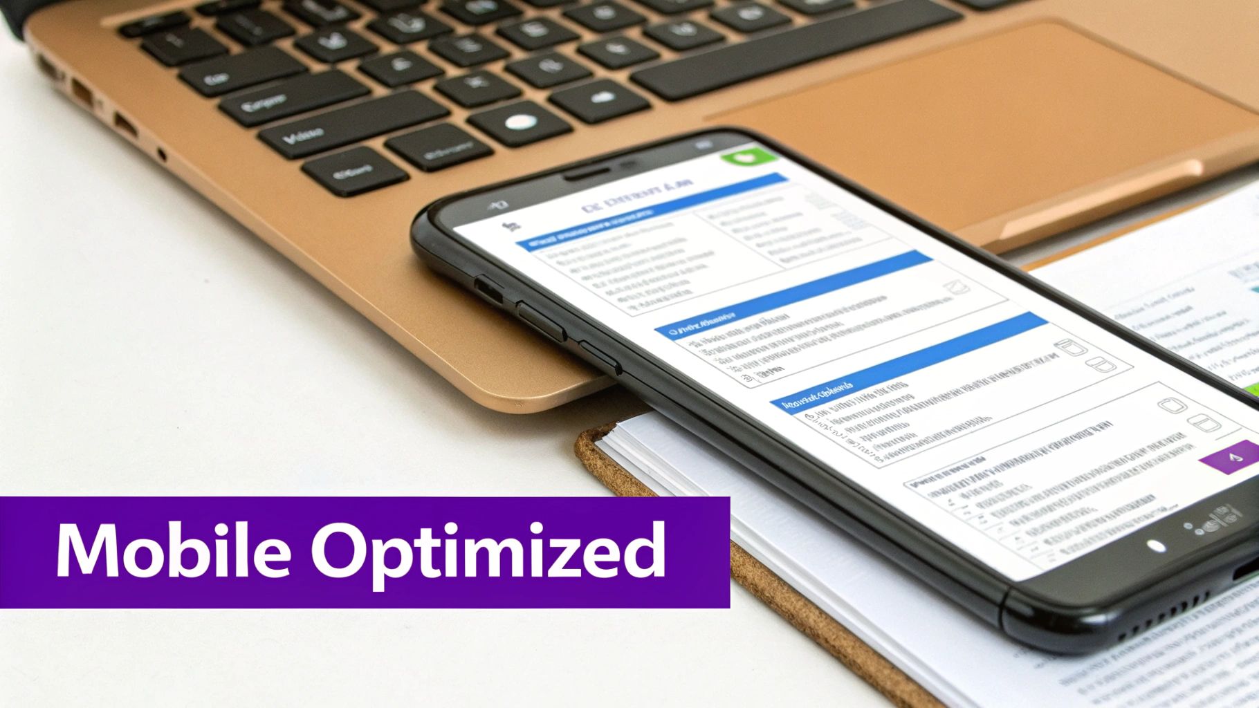 A smartphone displaying a mobile-optimized layout on its screen, resting on a laptop keyboard with paperwork.