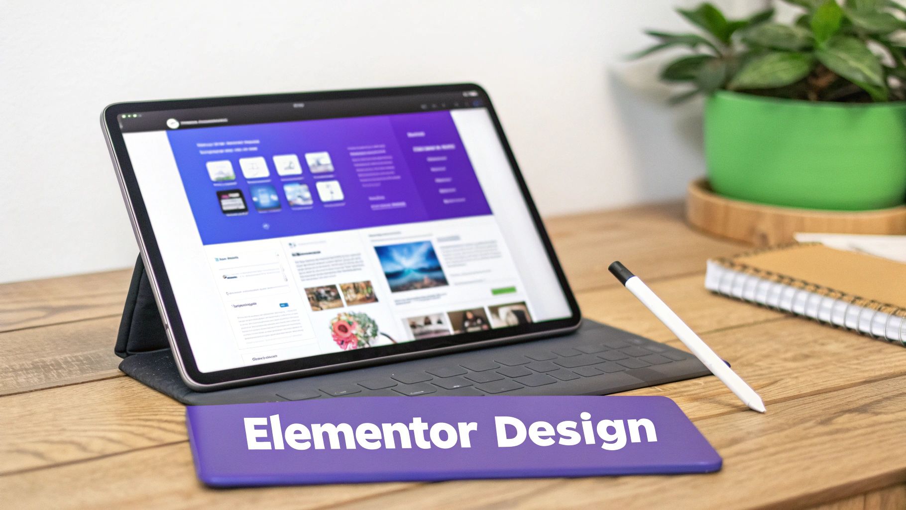 A tablet on a wooden desk displays Elementor website design, next to a stylus and a 'Elementor Design' block.