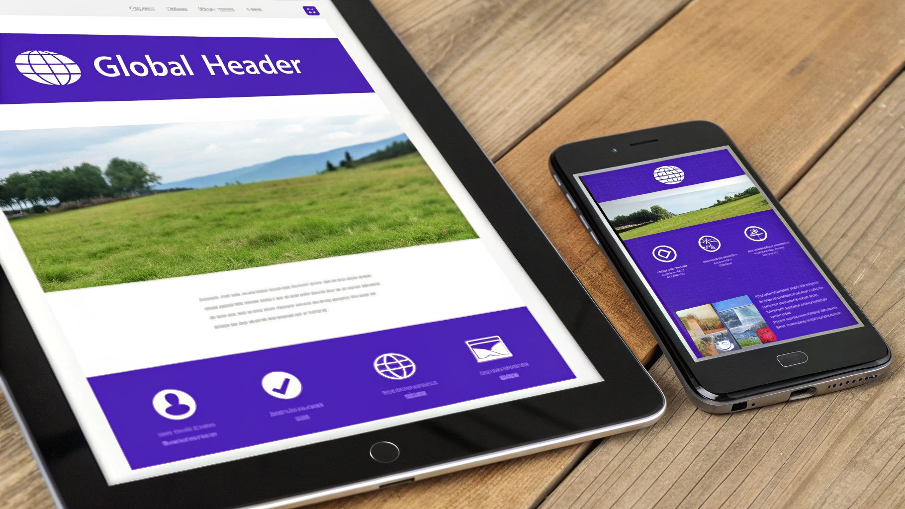 A tablet and smartphone displaying a responsive website design with a global header and landscape.