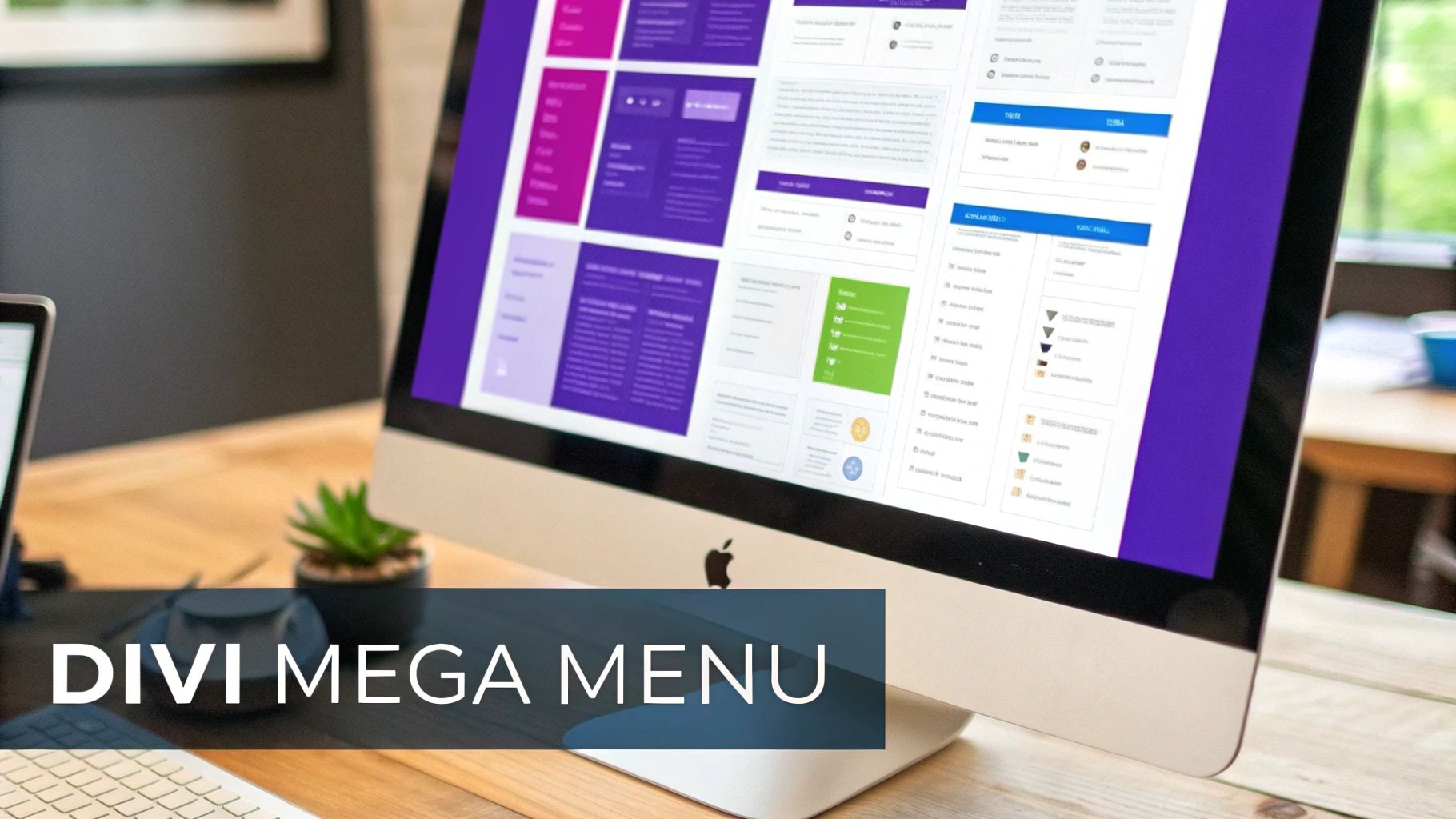An Apple iMac displays a website with purple and green content blocks, showcasing a Divi mega menu.
