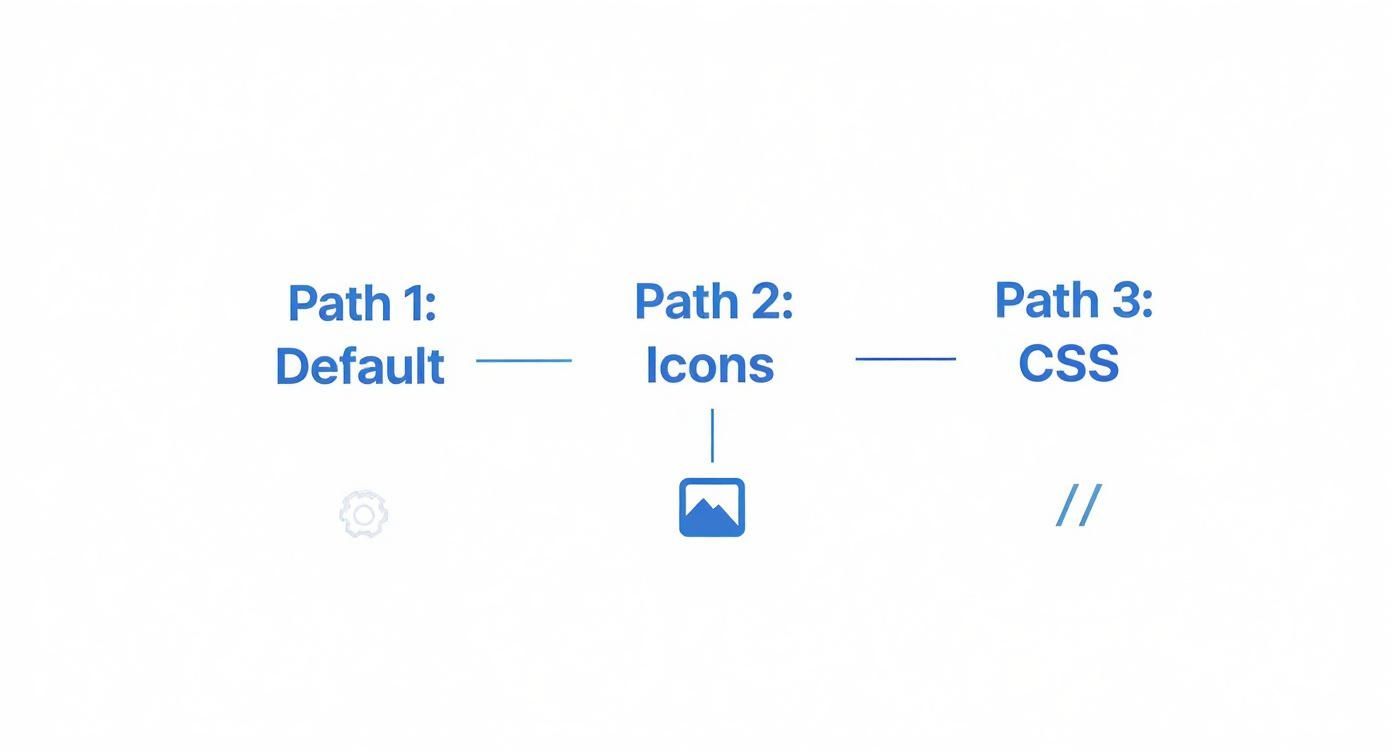 Diagram showing three development paths: Default with a gear, Icons with an image icon, and CSS with comment slashes.