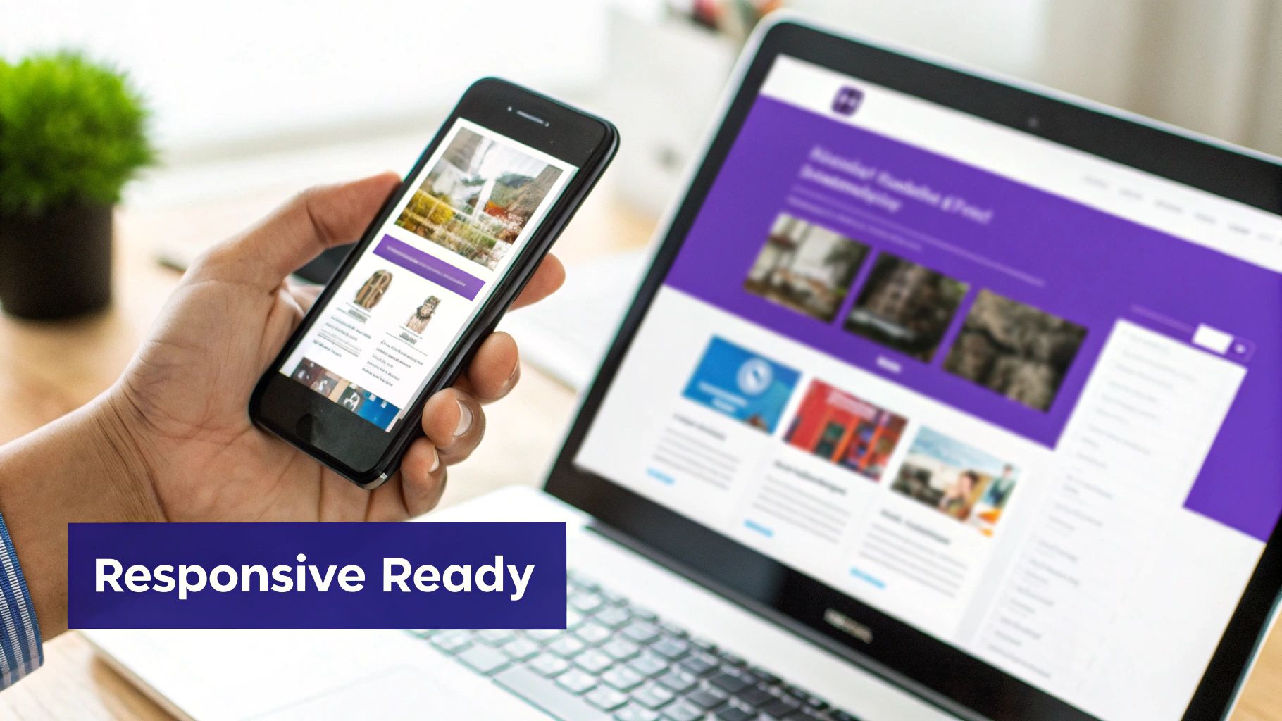 A person holds a smartphone showing a responsive website, next to a laptop displaying the same content.