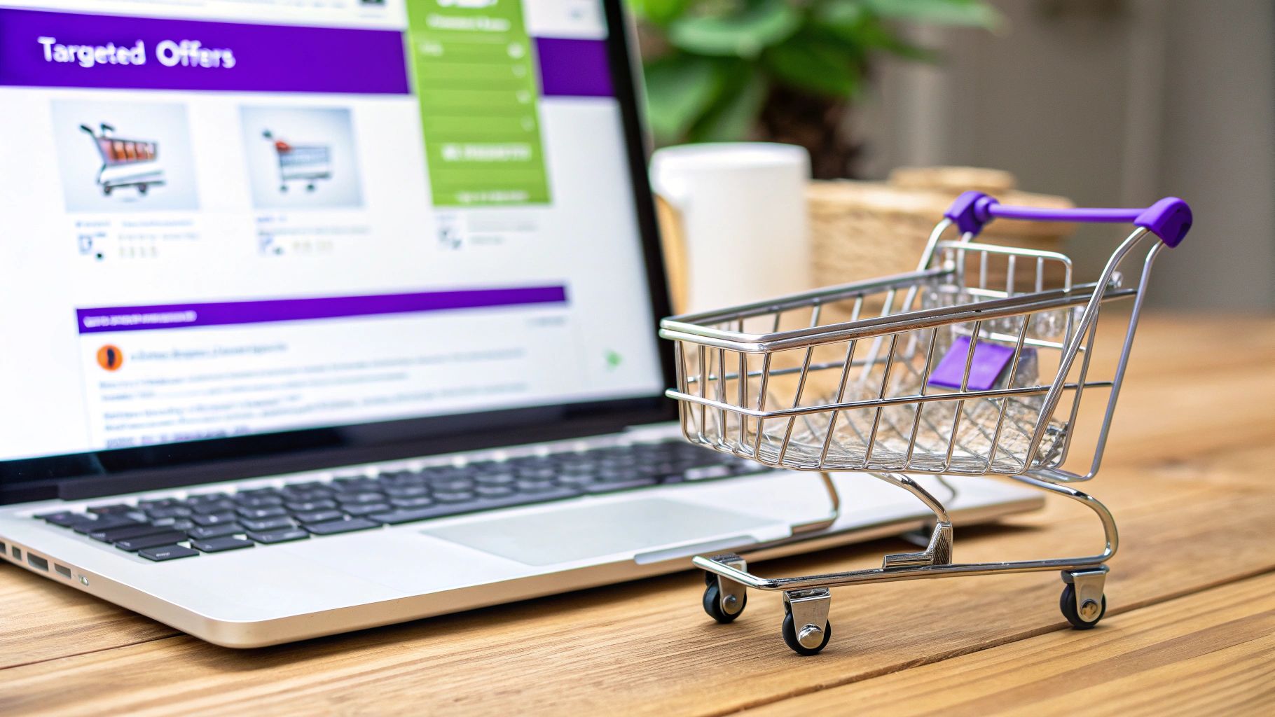 A miniature shopping cart sits on a wooden desk in front of a laptop displaying 'Targeted Offers' on its screen.