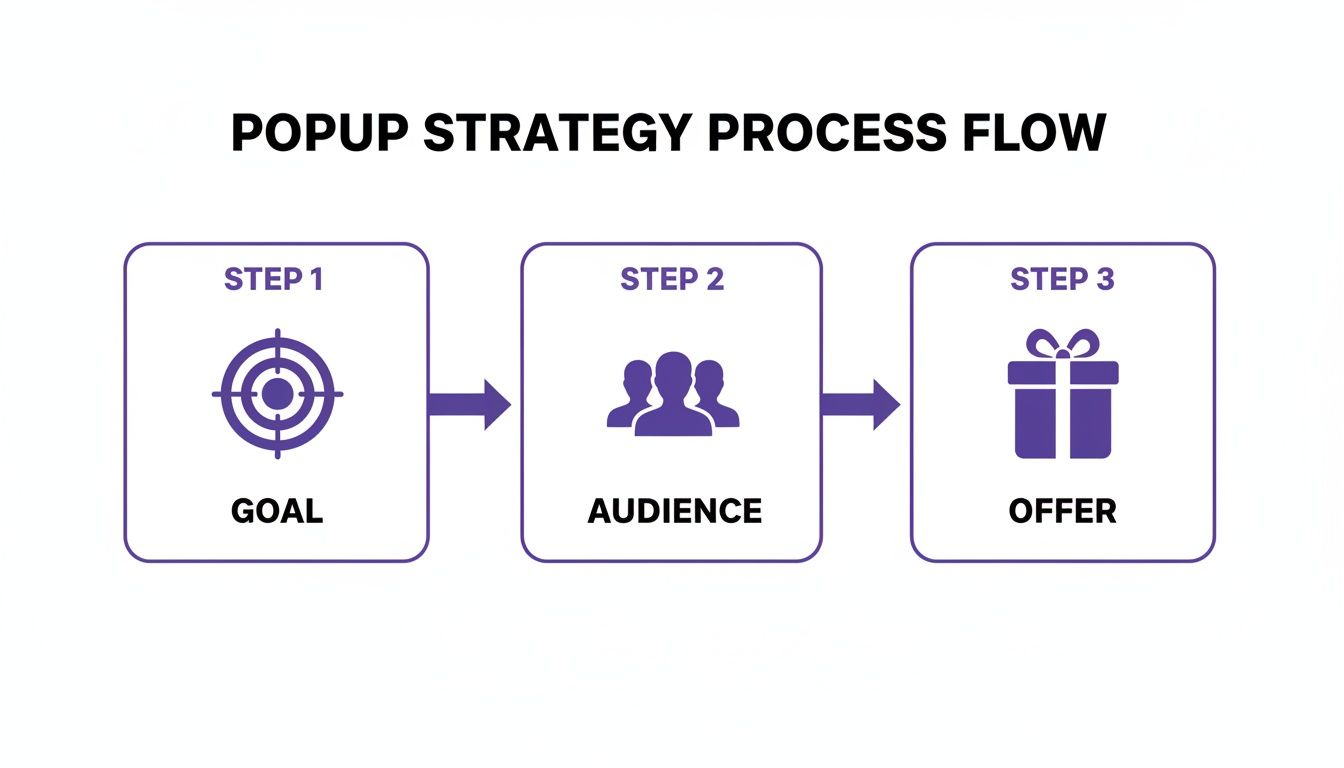 Popup strategy process flow illustrating three key steps: Goal, Audience, and Offer.
