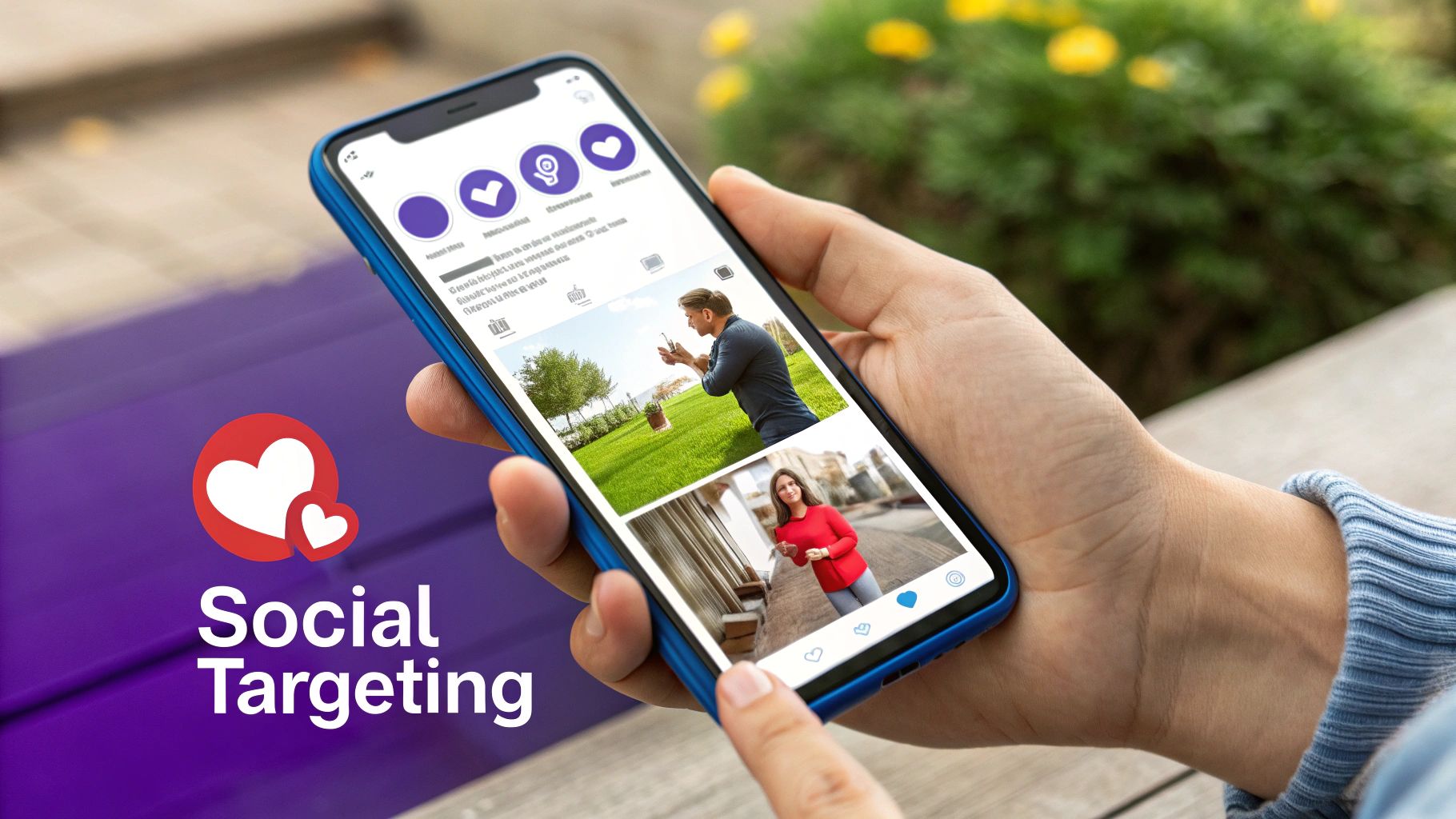 An infographic showing the key features of social media behavioral targeting: 1) Leverages rich user data from profiles and interactions, 2) Enables granular audience segmentation based on interests and demographics, and 3) Supports dynamic ad formats like carousels and videos.