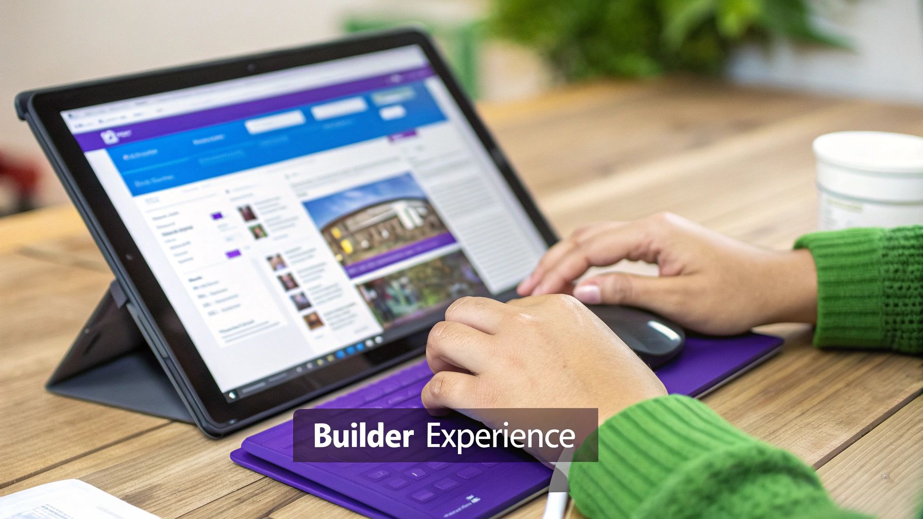 Person using tablet with Builder Experience interface on wooden desk workspace