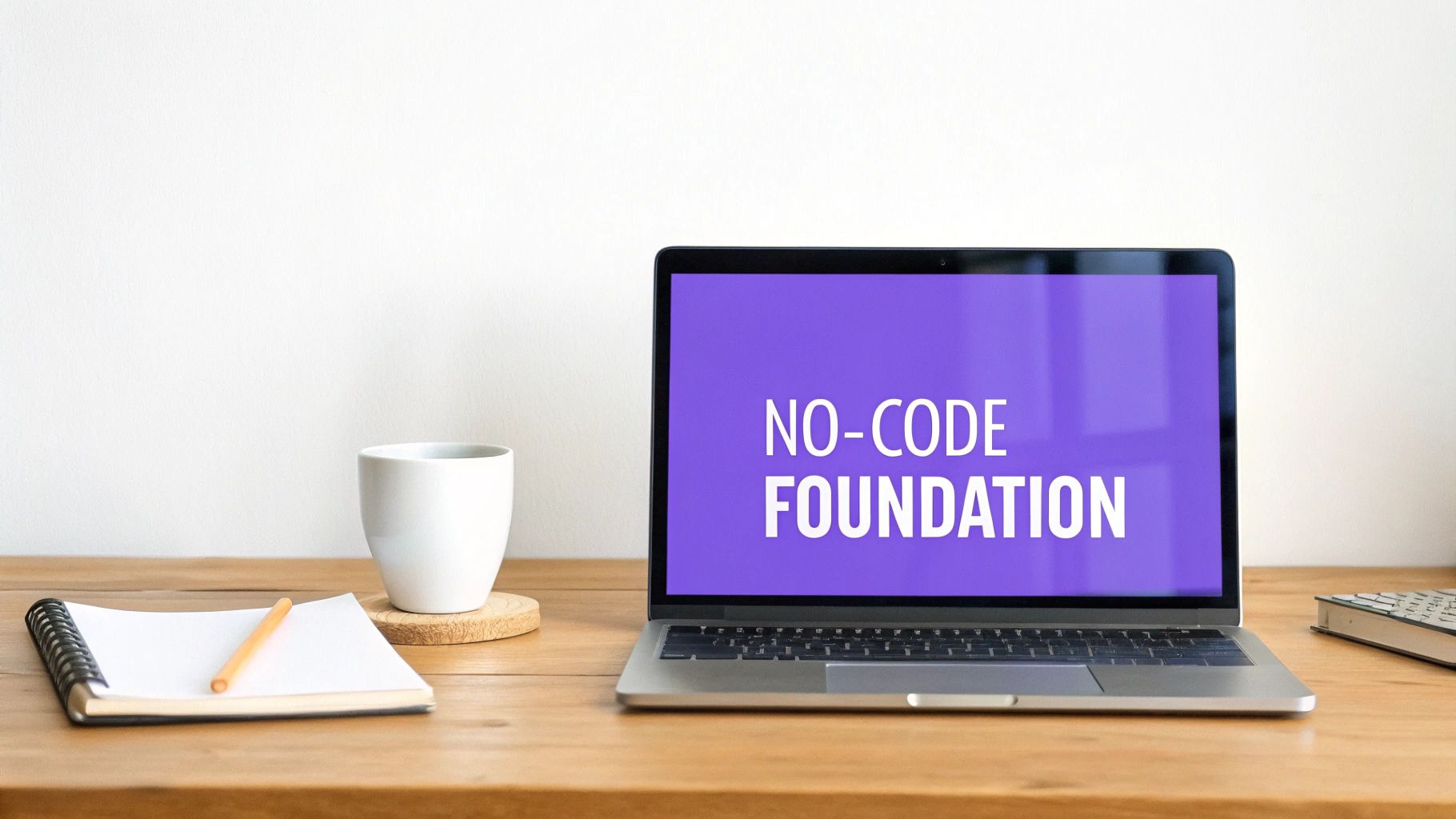 Workspace with a laptop displaying "NO-CODE FOUNDATION", a white mug, and a spiral notebook.