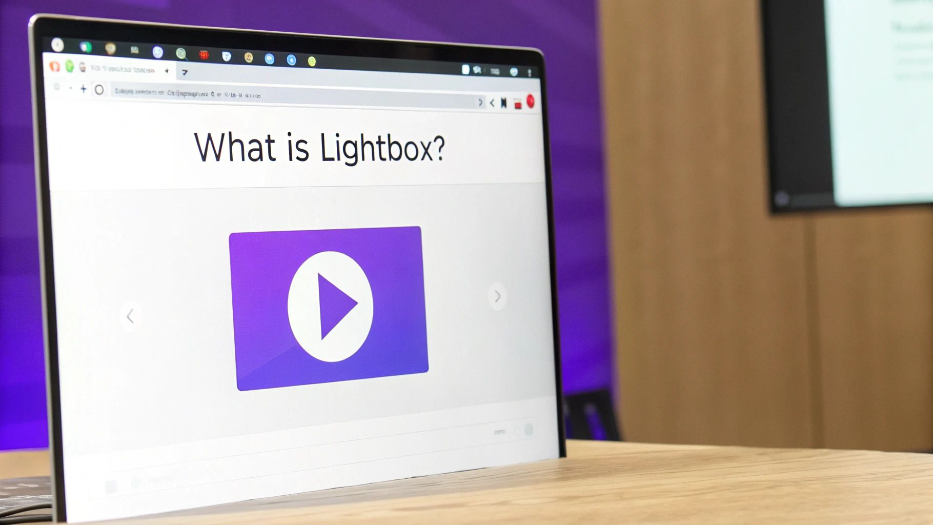 A visually engaging graphic showing a video player icon within a stylized lightbox frame, illustrating the concept of a video popup.