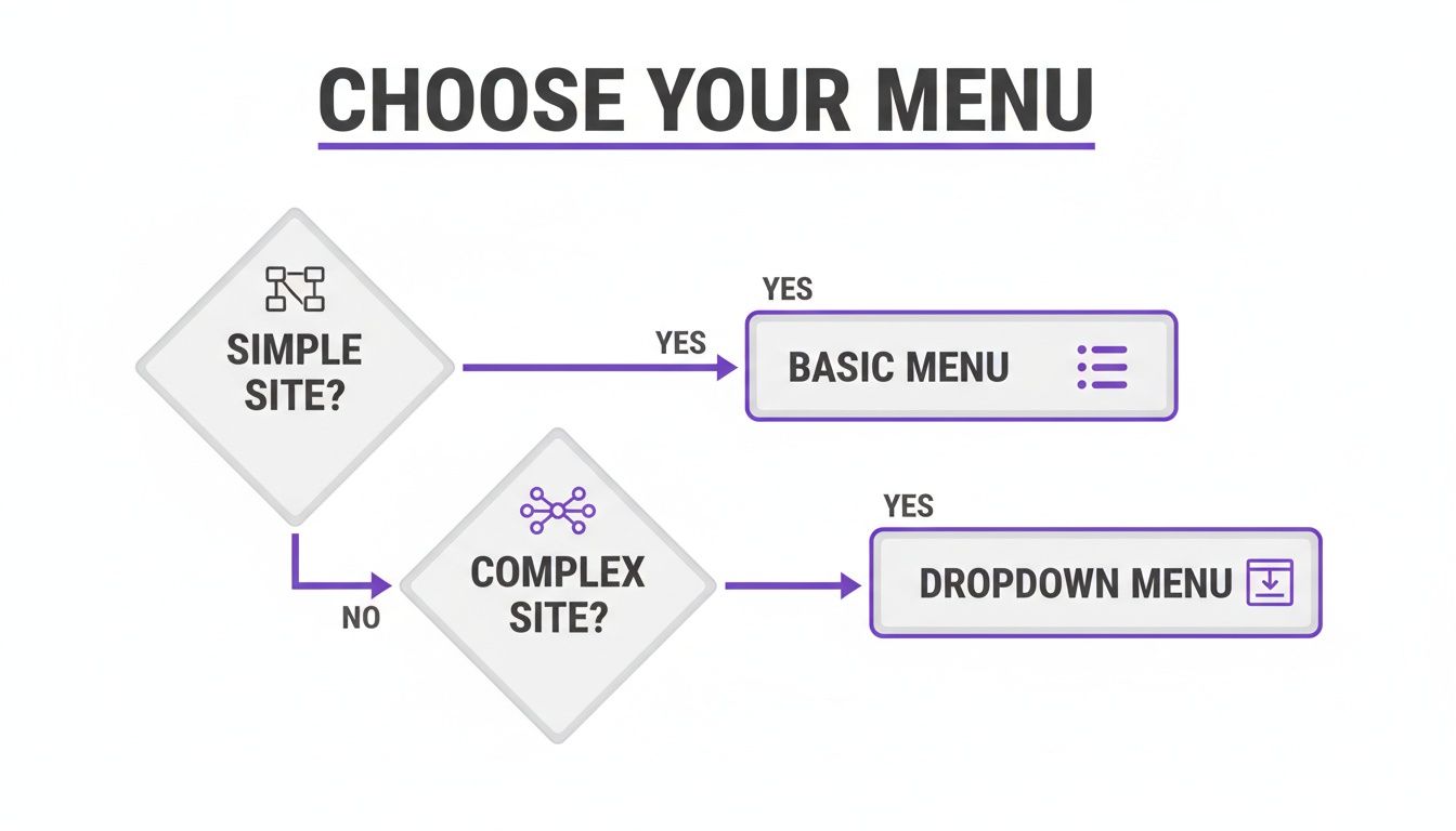 A flowchart guides users to choose between a basic menu for simple sites or a dropdown menu for complex sites.
