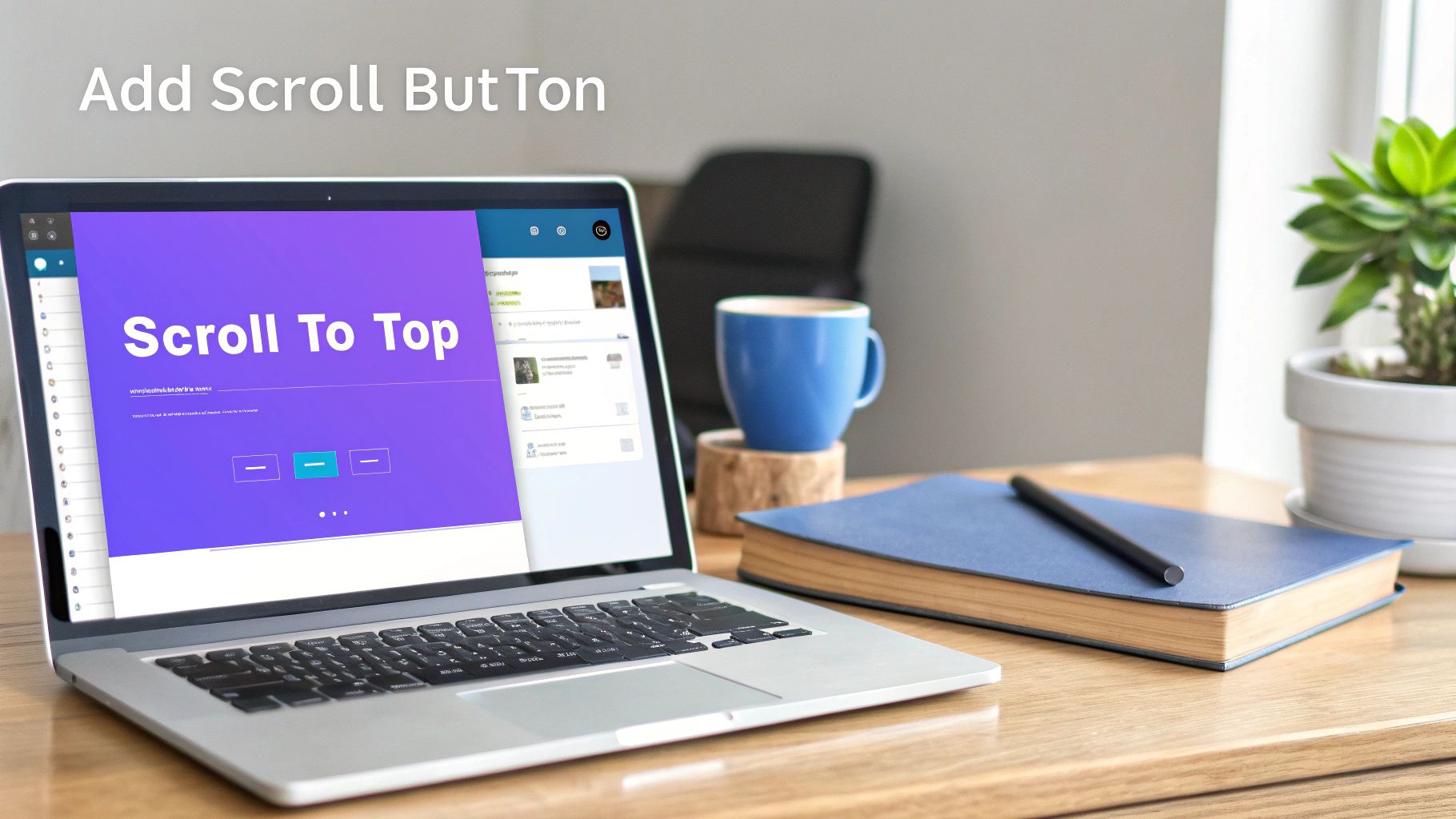 Laptop displaying a 'Scroll To Top' interface on a desk with a coffee cup and notebook.