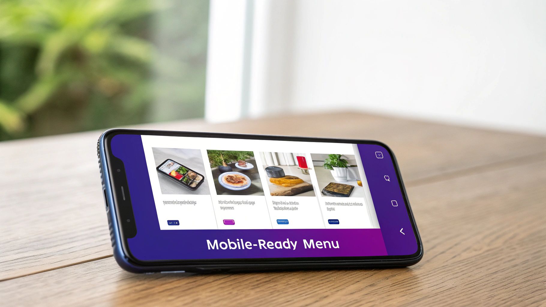 A smartphone on a wooden table displaying a mobile-ready menu with various food options.