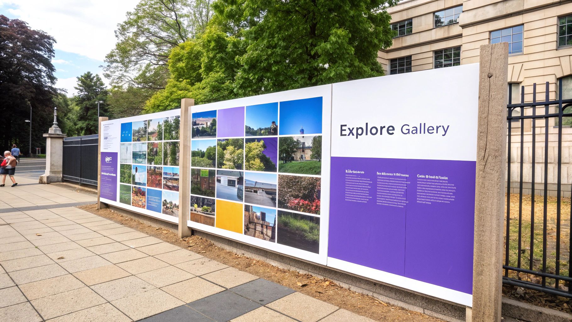 An outdoor display board with a grid of colorful images, purple blocks, and 'Explore Gallery' text, alongside a sidewalk and trees.