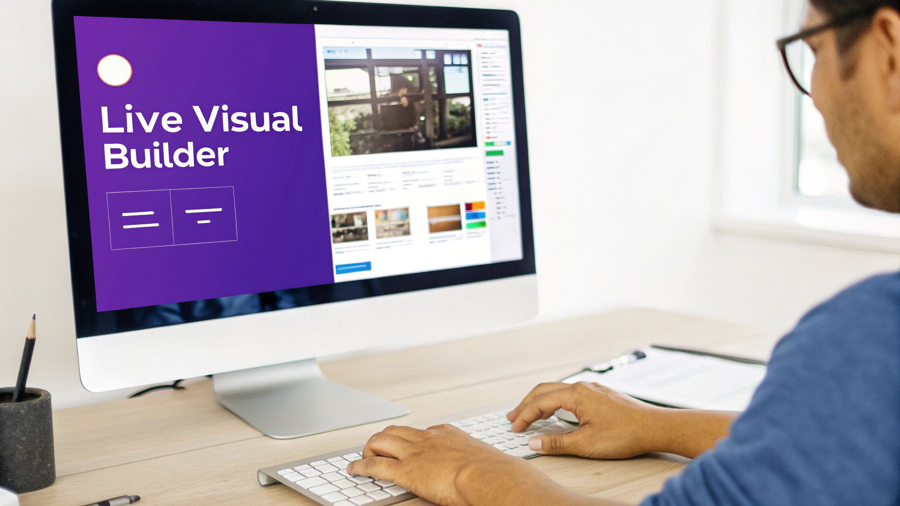 A person works on a desktop computer displaying a 'Live Visual Builder' interface with a purple background.