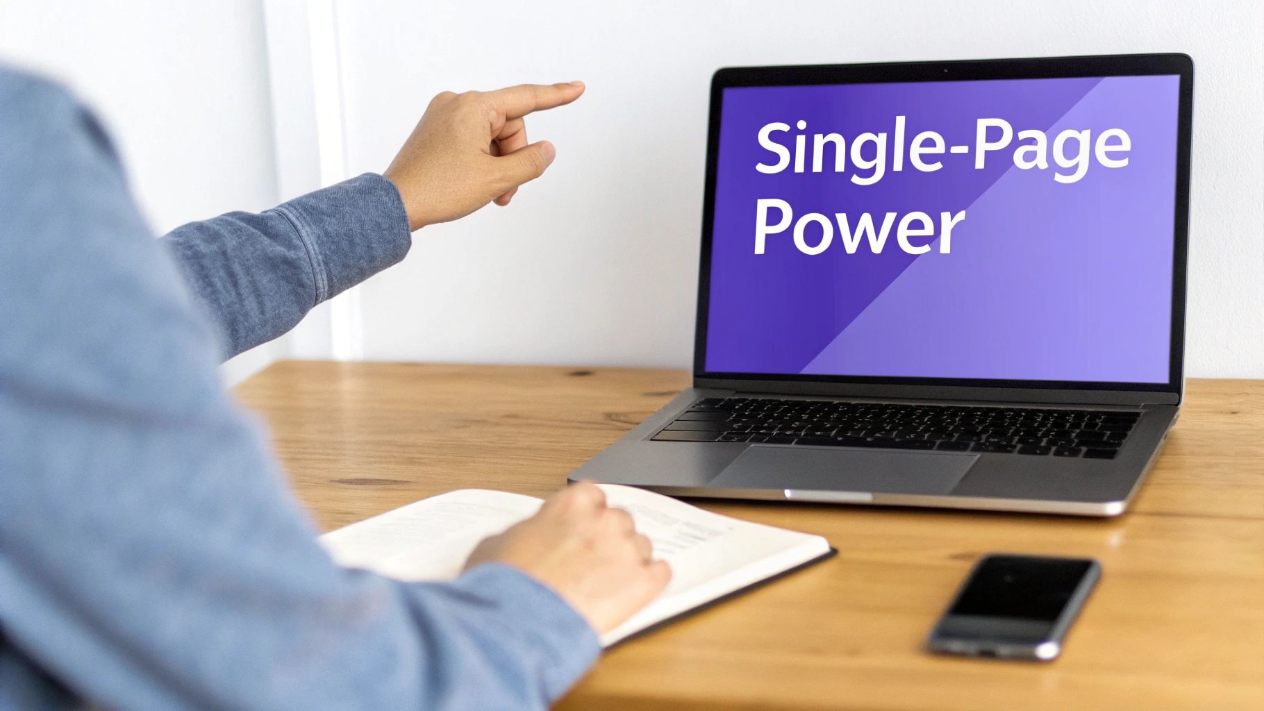 A person points to a laptop displaying "Single-Page Power" on a purple screen, with a notebook and phone on a wooden desk.
